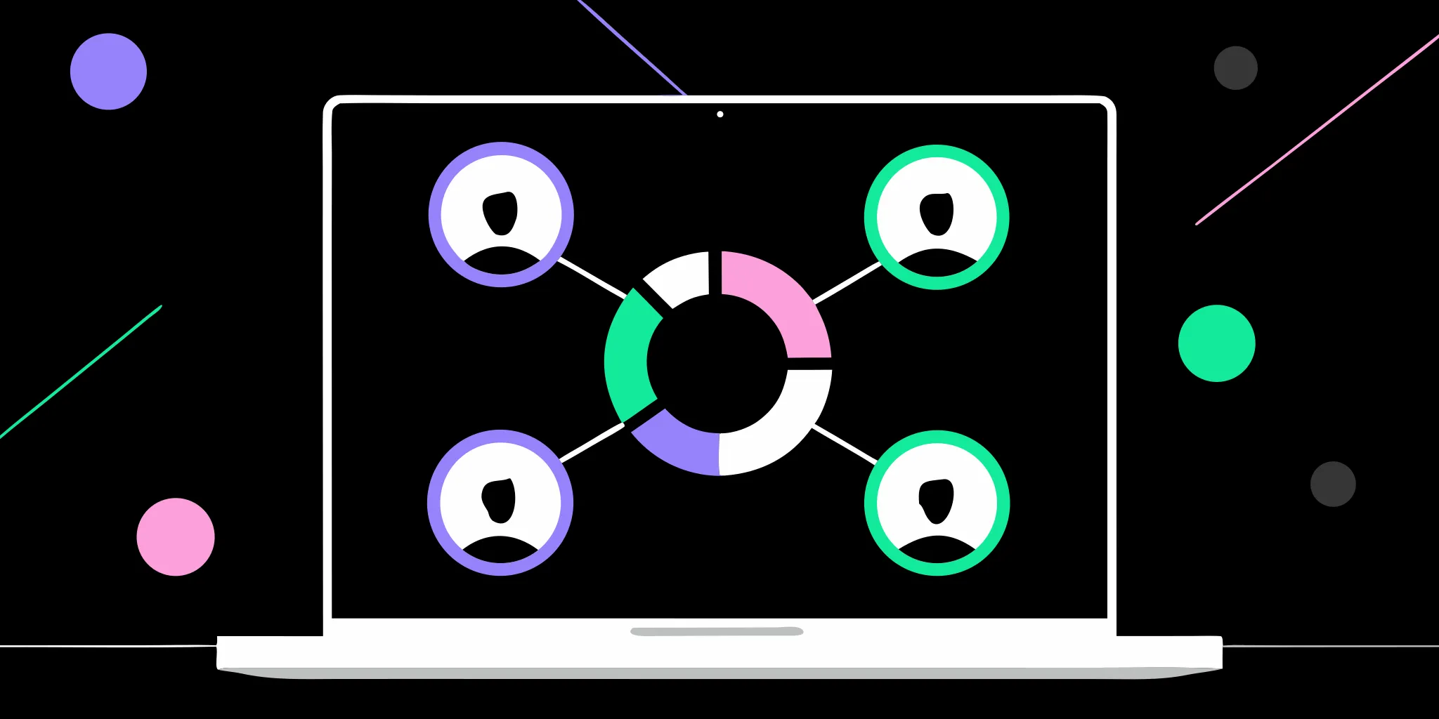Donor persona segmentation shown on a laptop, grouping user profiles into colorful charts.