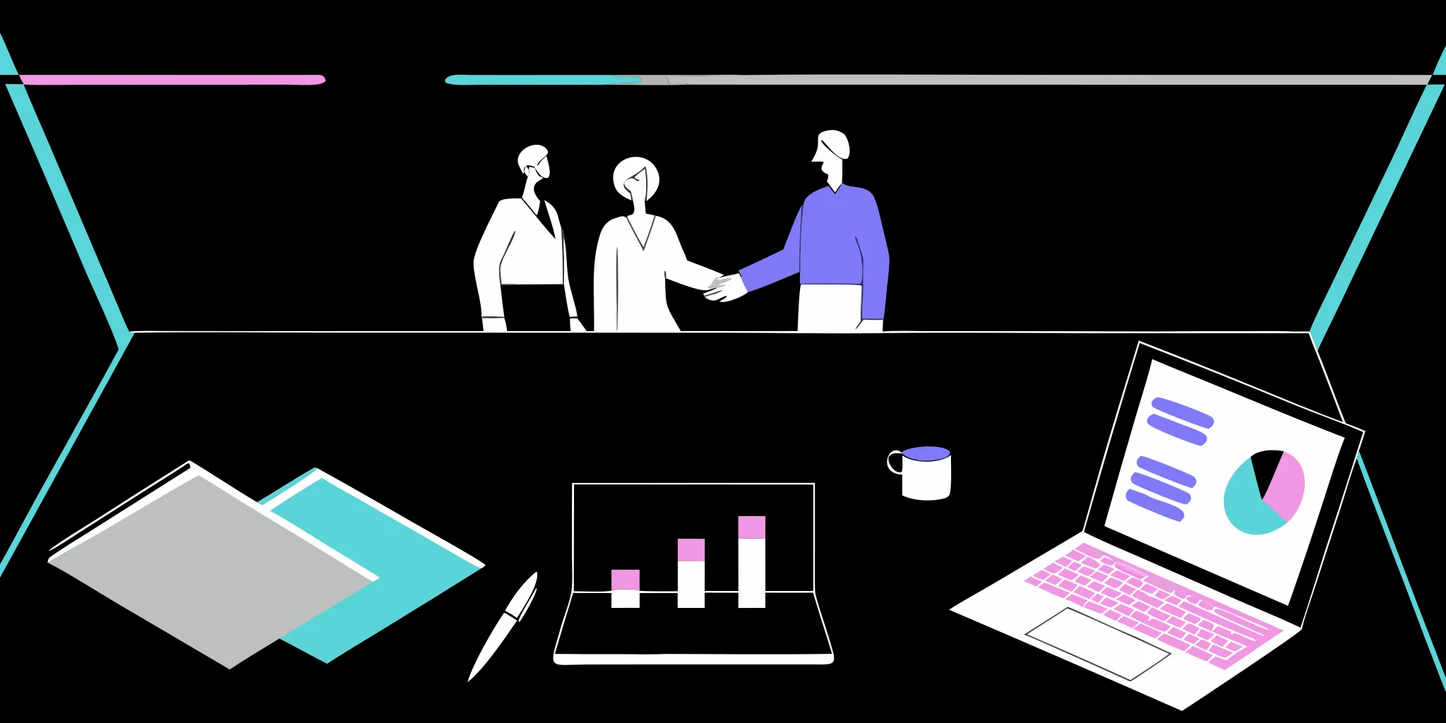 Fundraiser recruitment success with a handshake and laptop showing fundraising analytics.