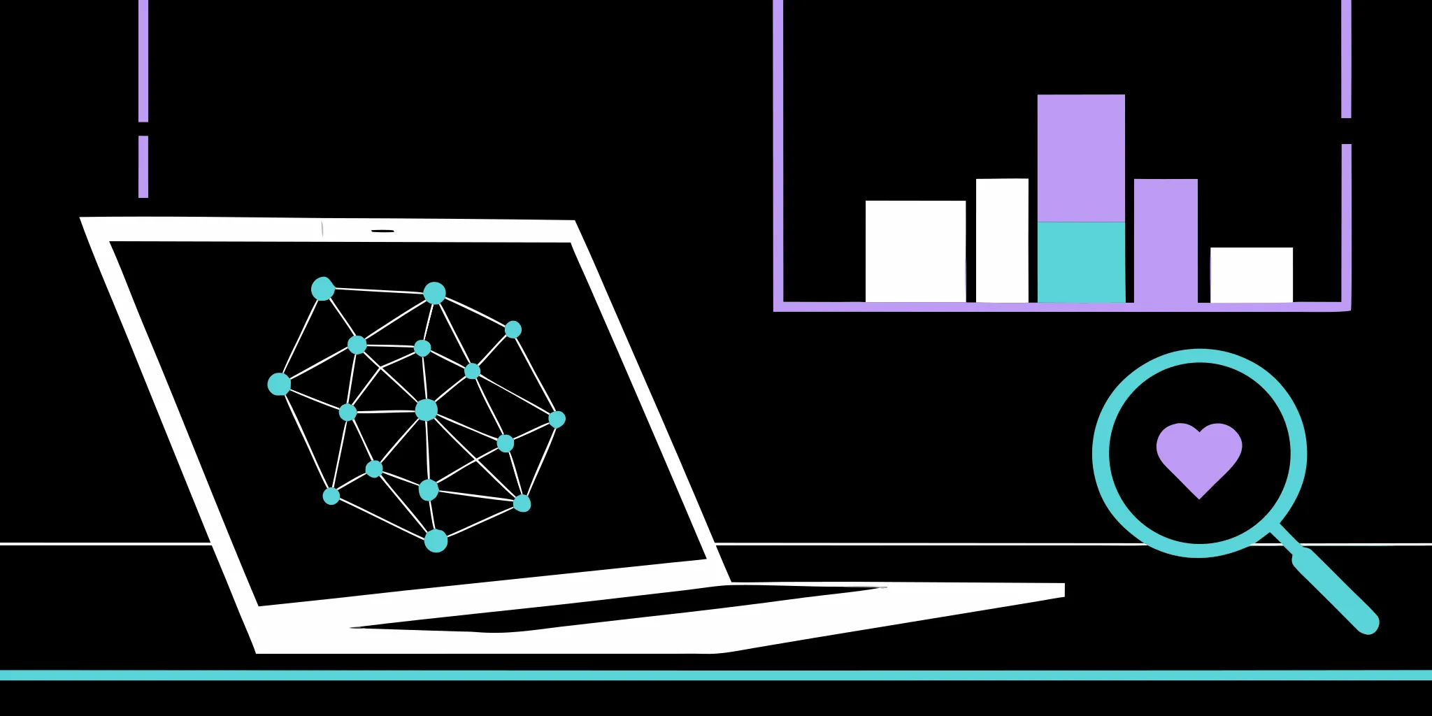 Laptop screen showing data for donor prospecting with a network graph, bar chart, and a magnifying glass with a heart.