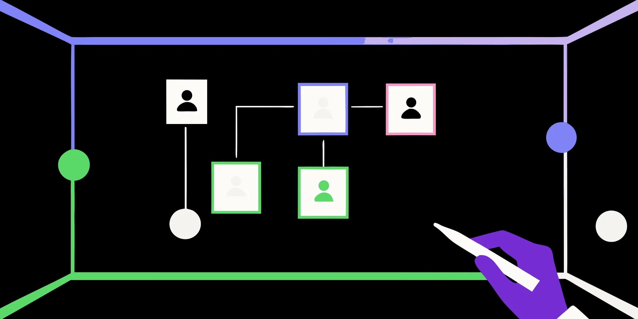 A hand draws a flowchart connecting people icons to build a nonprofit's impact narrative.
