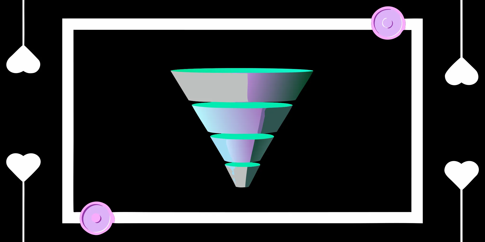 A 3D graphic of a donor funnel with segmented stages and hearts to represent the donor journey.