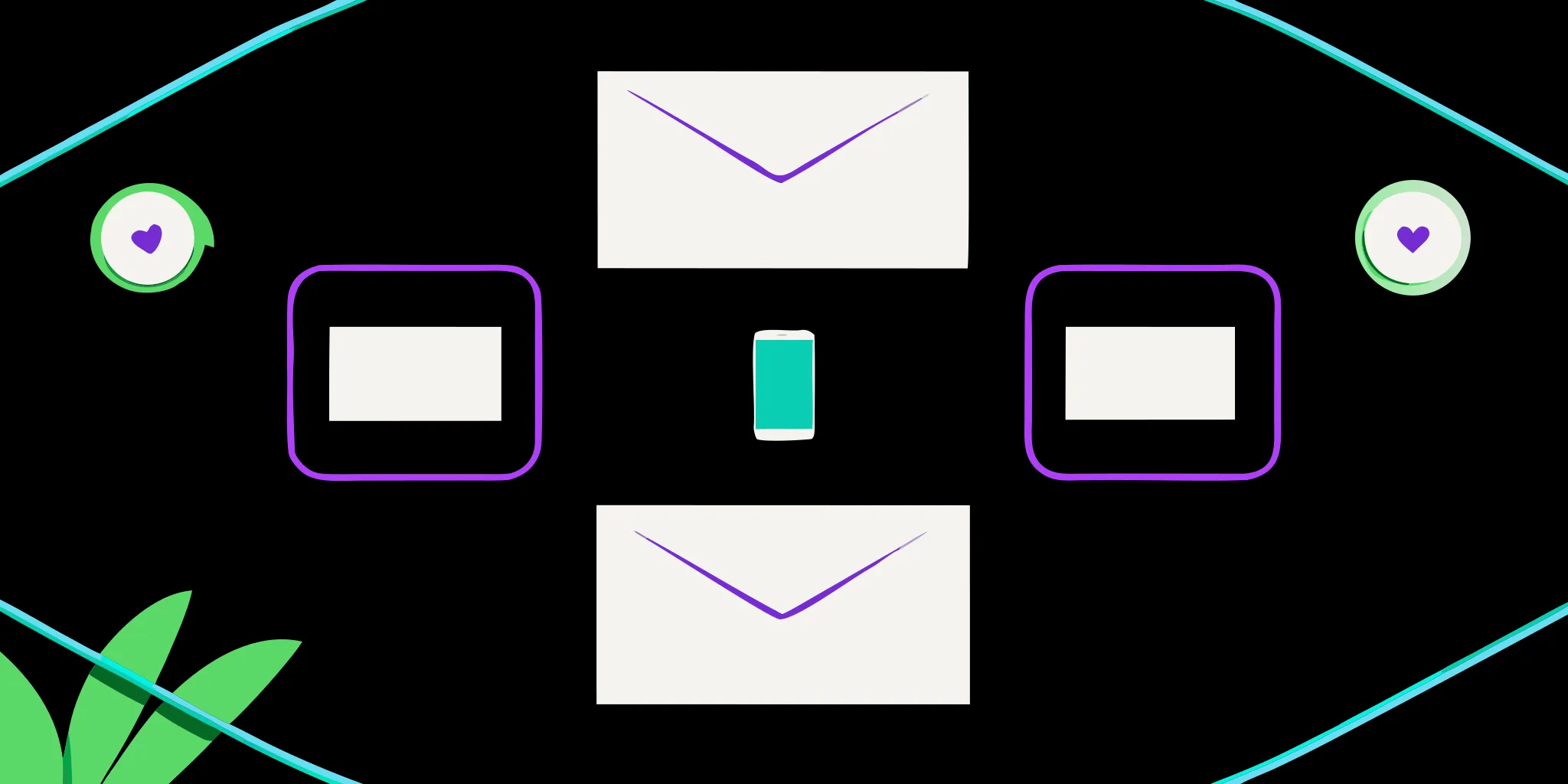 Abstract graphic of a nonprofit renewal campaign using mail, mobile devices, and hearts.