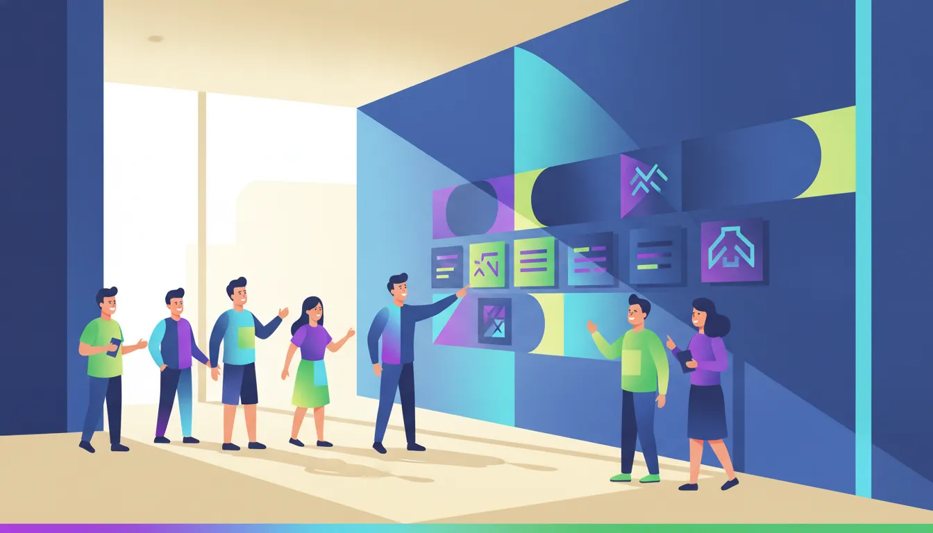 Supporters reviewing donors names on a modern recognition wall in a bright nonprofit lobby