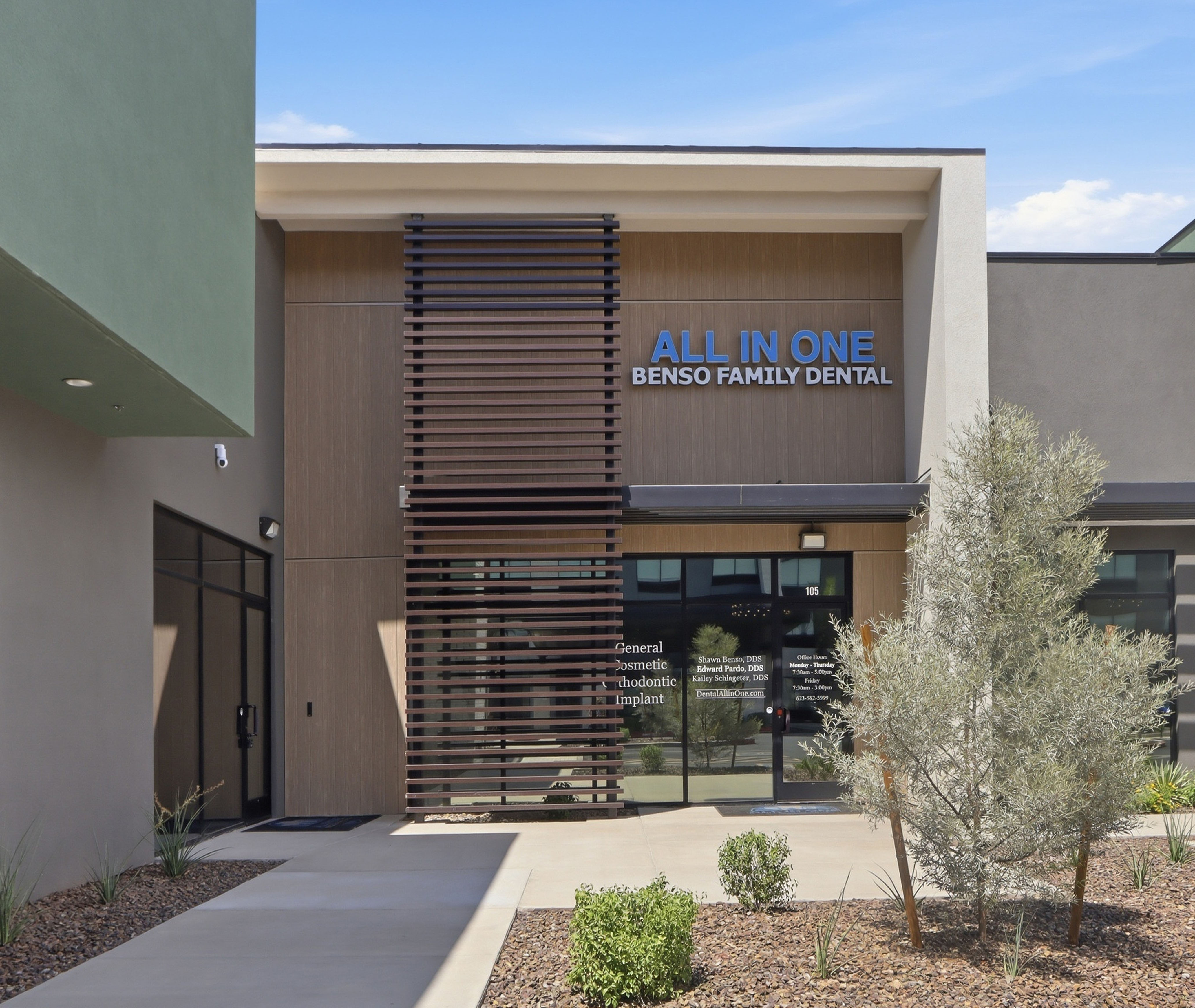 Office building entrance and signage