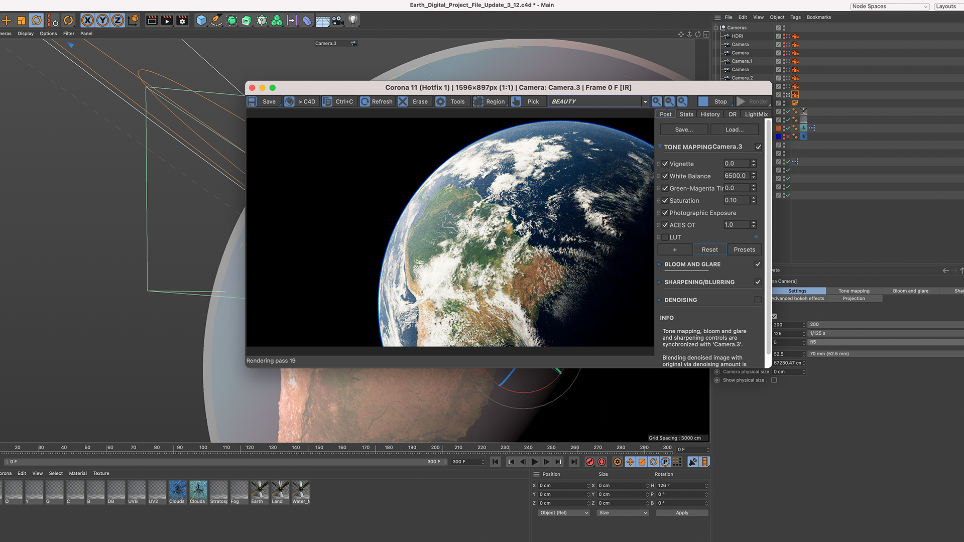 The Cinema 4D viewport in Chaos Corona of Earth Digital to make a realistic planet Earth.