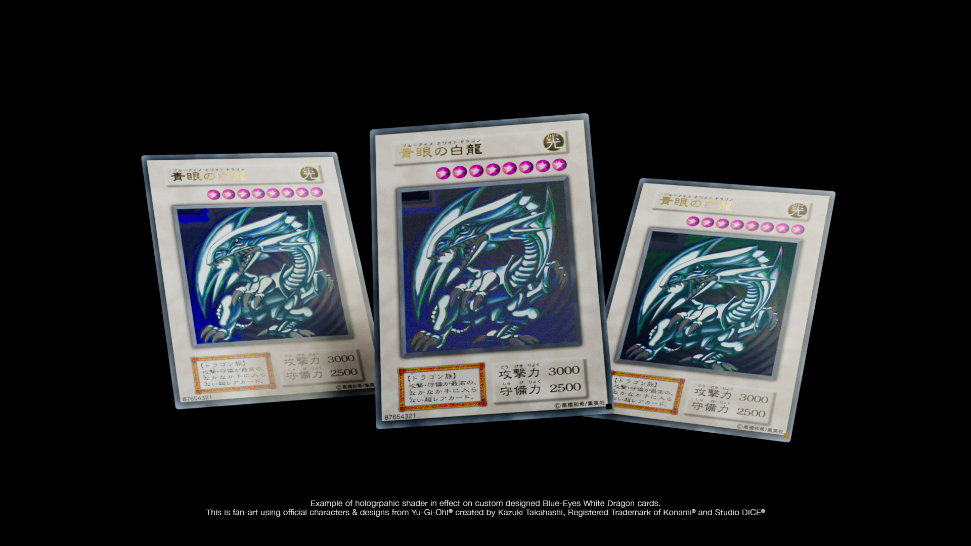 Three Blue-Eyes White Dragon cards with a photorealistic holographic shader made in Cinema 4D and Chaos Corona. The three Yu-Gi-Oh! cards are custom and look like they are from the manga by Kazuki Takahashi.