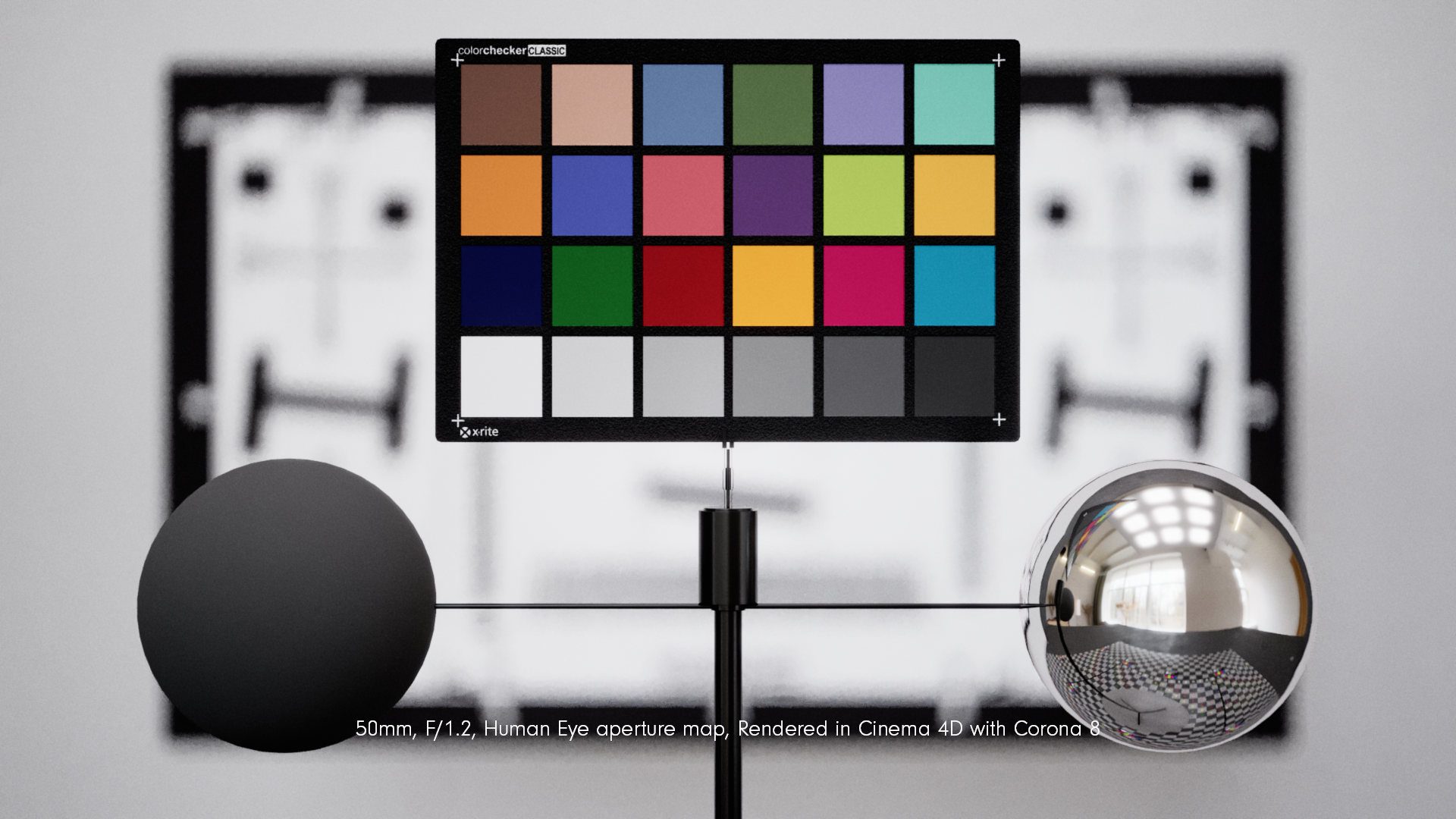 A 3D render of a focus chart and a color checker in a studio lit environment. The focus is on the color checker in the foreground. The focus chart is out of focus and we can see how the bokeh looks on the image.