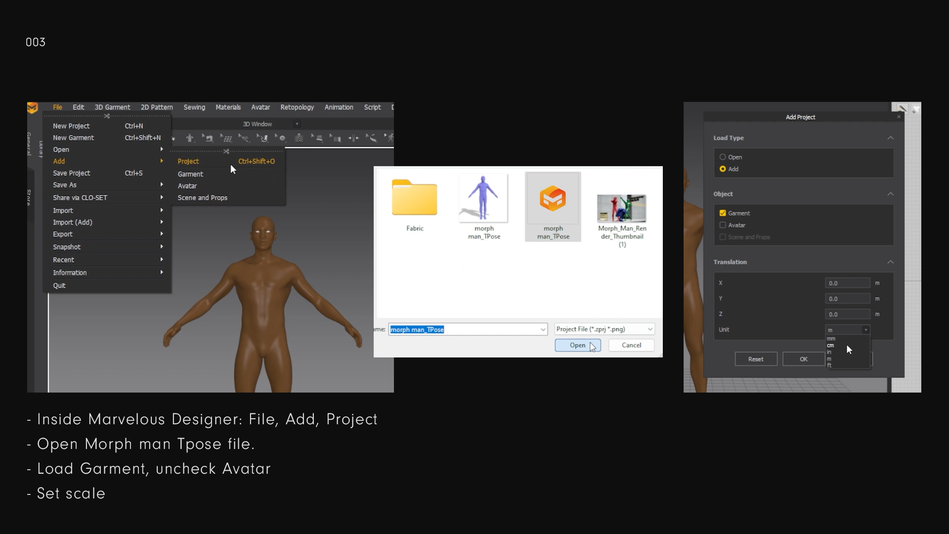 Visual Manual or tutorial for how to use Morph-Man. Morph-Man is a marvelous designer project file from Blauw Films, developed by costume designer Charlotte Simons. Morph-Man is a full-body 3D mesh. This is the software Marvelous Designer. The image is showing import settings. 