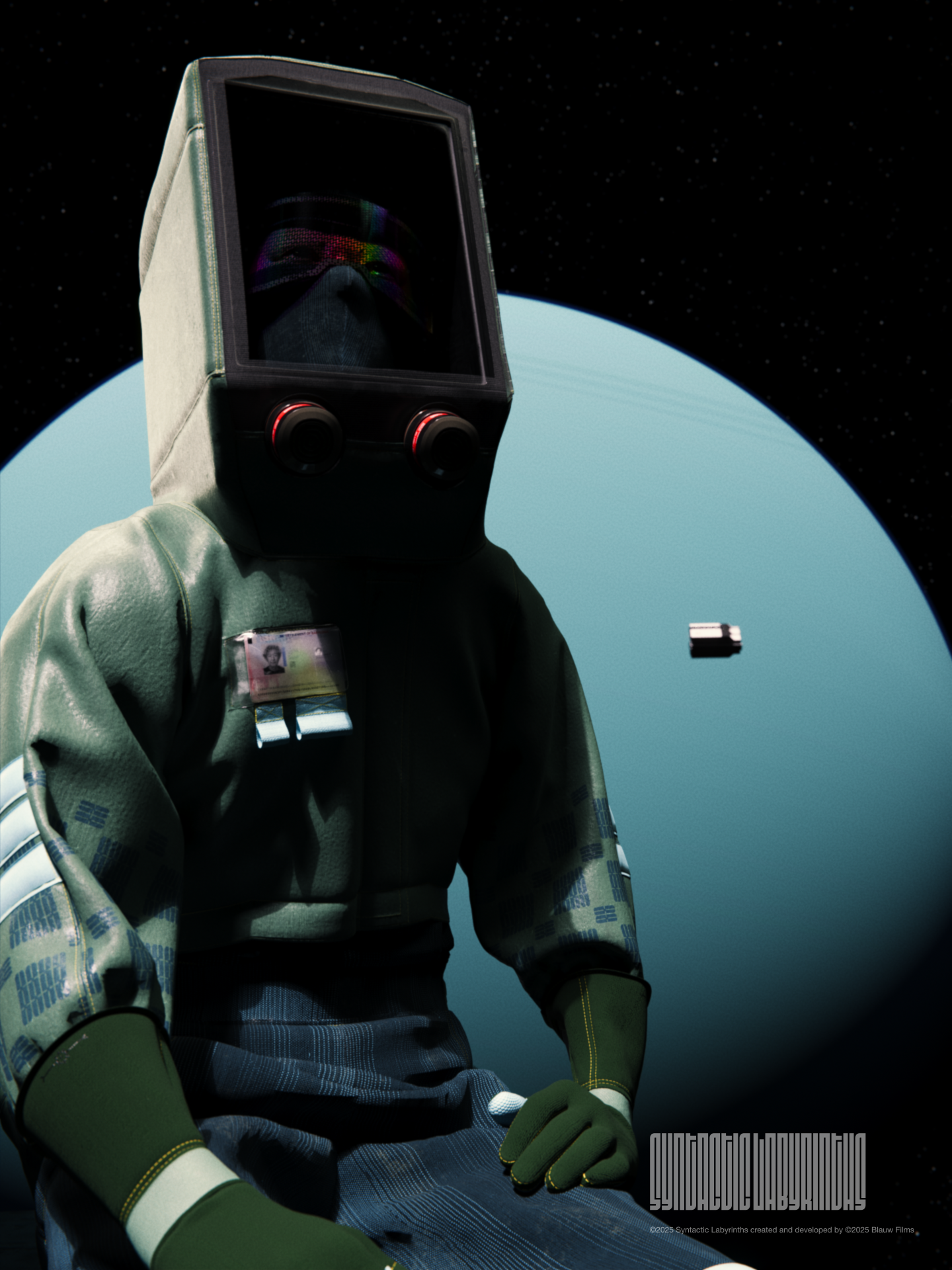 3D render of a hazmat-suited figure floating in space with Uranus in the background. Part of Syntactic Labyrinths, a sci-fi 3D animated short film by Blauw Films exploring isolation, cosmic scale, and the inner psyche. The character’s reflective visor and ID badge hint at identity and mystery amidst the void.