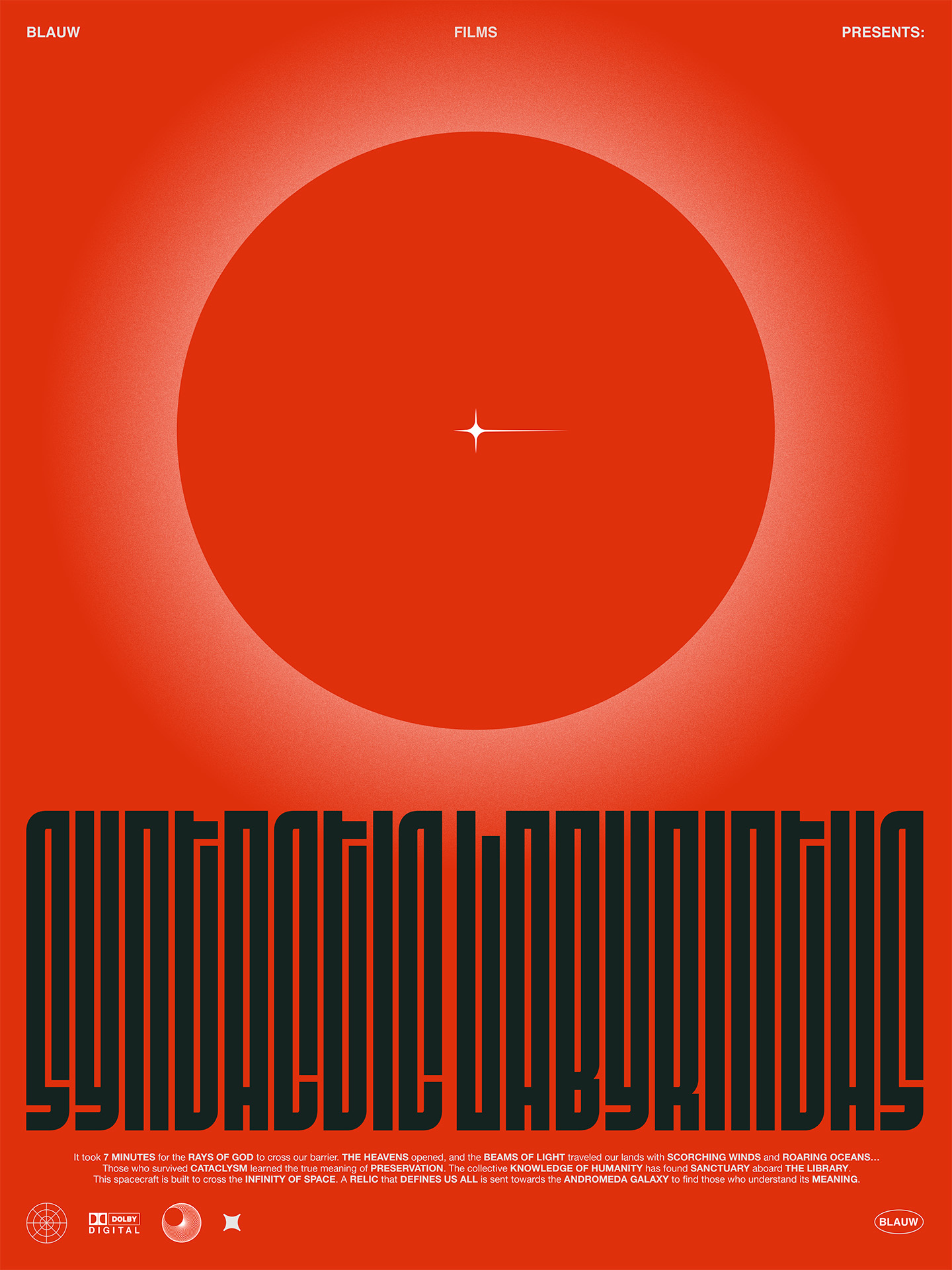 Official poster design for Syntactic Labyrinths, a sci-fi short film by Blauw Films, featuring a minimalist brutalist layout created by Jeremy Rieger
