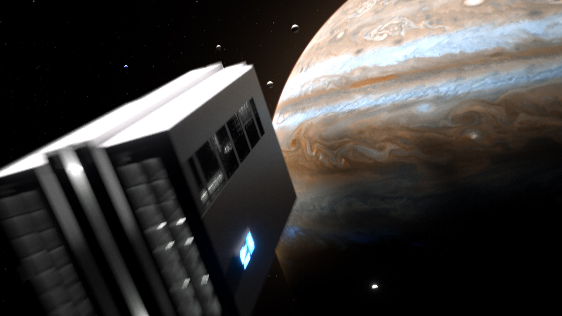 Concept art of the Library spacecraft passing by Jupiter in Syntactic Labyrinths, designed by Fraser McPhee as a symbol of humanity's legacy and cosmic hope