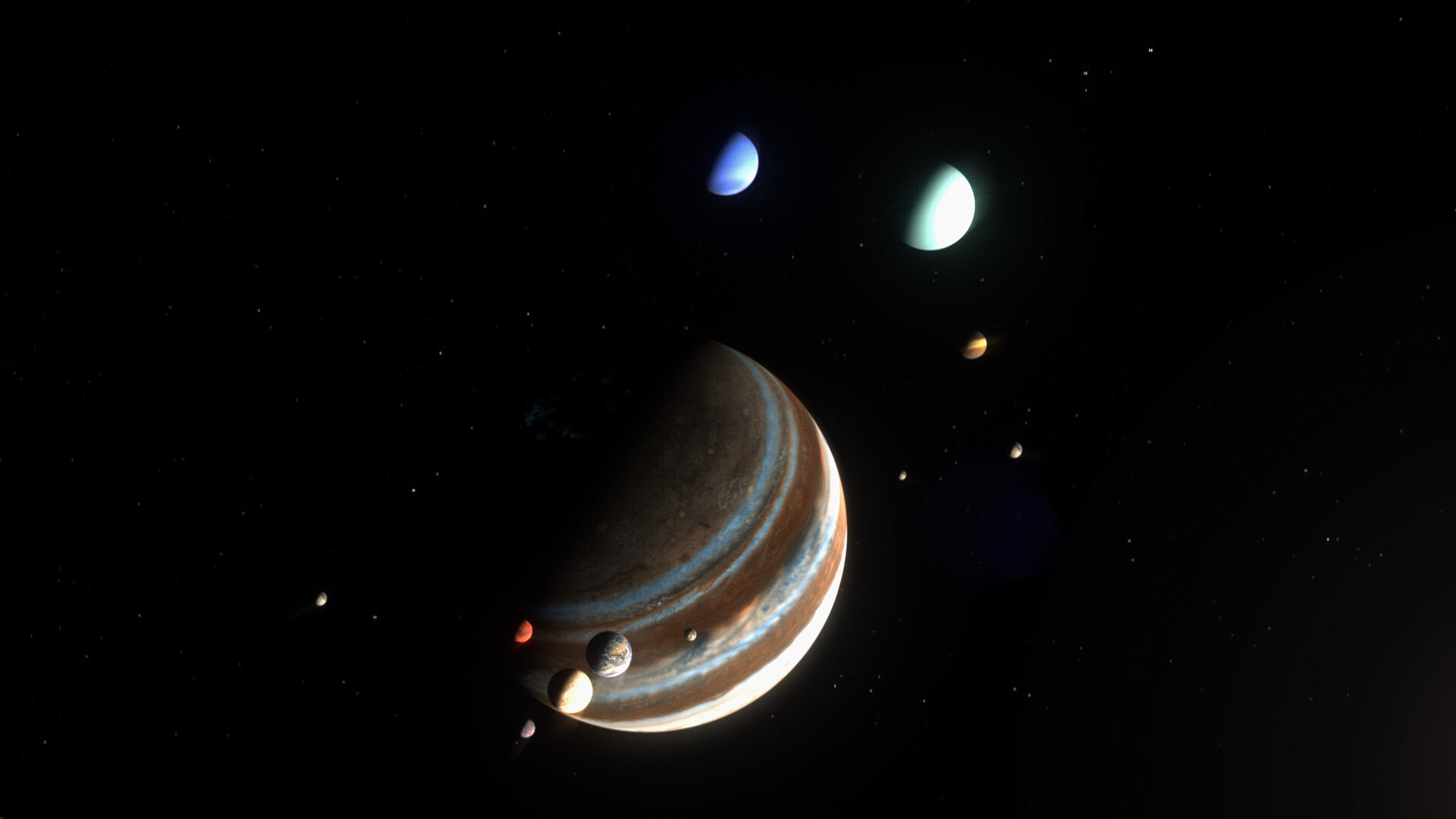 Early concept art from Syntactic Labyrinths featuring all solar system planets side by side, rendered with Chaos Corona shaders for planetary surface experimentation
