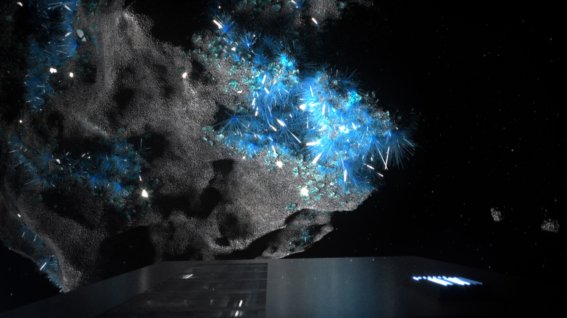 The Library spacecraft from Syntactic Labyrinths floating beneath a copper crystal asteroid in deep space, concept art by Nadir Perazzo.