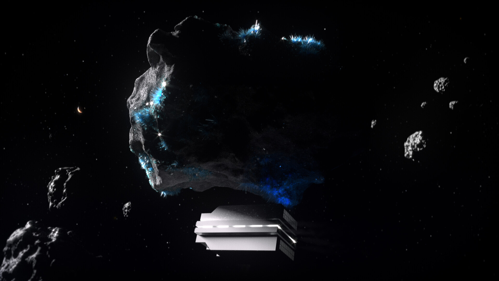 The Library spacecraft from Syntactic Labyrinths floating beneath a copper crystal asteroid in deep space, concept art by Nadir Perazzo.