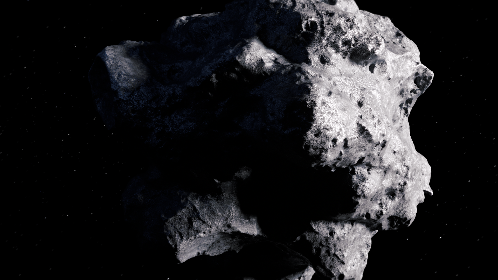 An Iron Ore asteroid floating in deep space, concept art from Syntactic Labyrinths with metallic textures and cinematic lighting. Asteroid created by Nadir Perazzo.