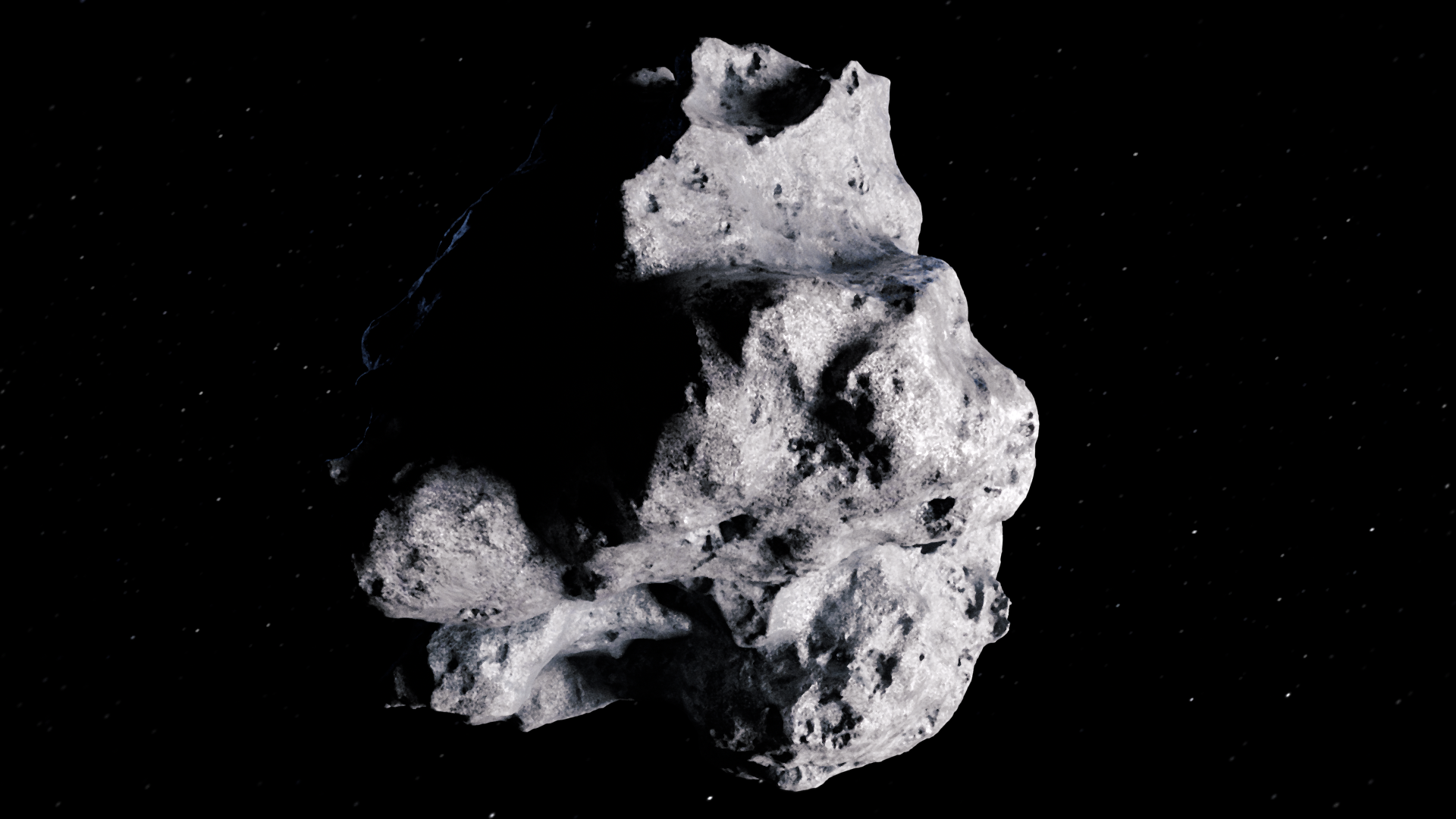 An Iron Ore asteroid floating in deep space, concept art from Syntactic Labyrinths with metallic textures and cinematic lighting. Asteroid created by Nadir Perazzo.