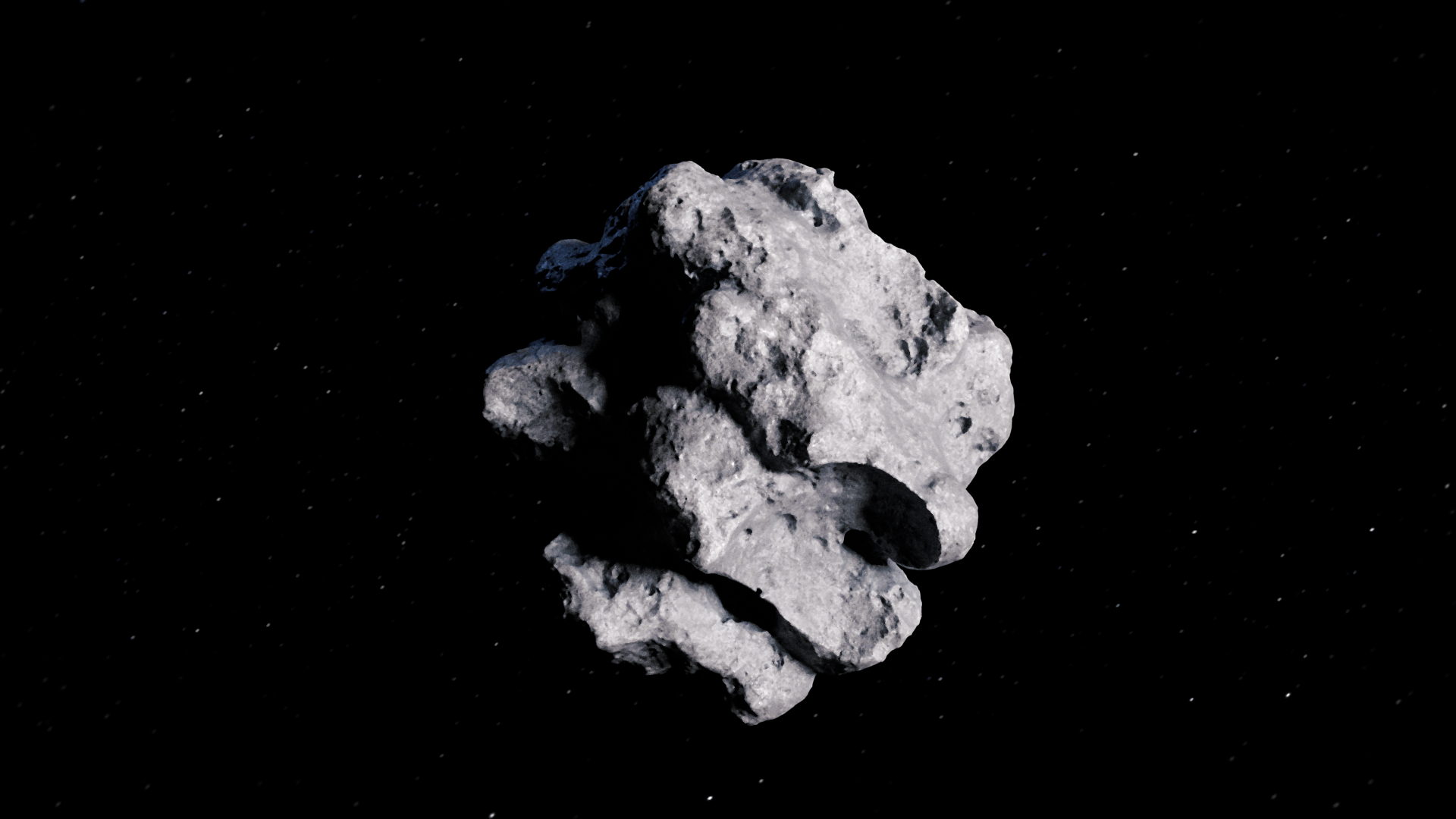 An Iron Ore asteroid floating in deep space, concept art from Syntactic Labyrinths with metallic textures and cinematic lighting. Asteroid created by Nadir Perazzo.