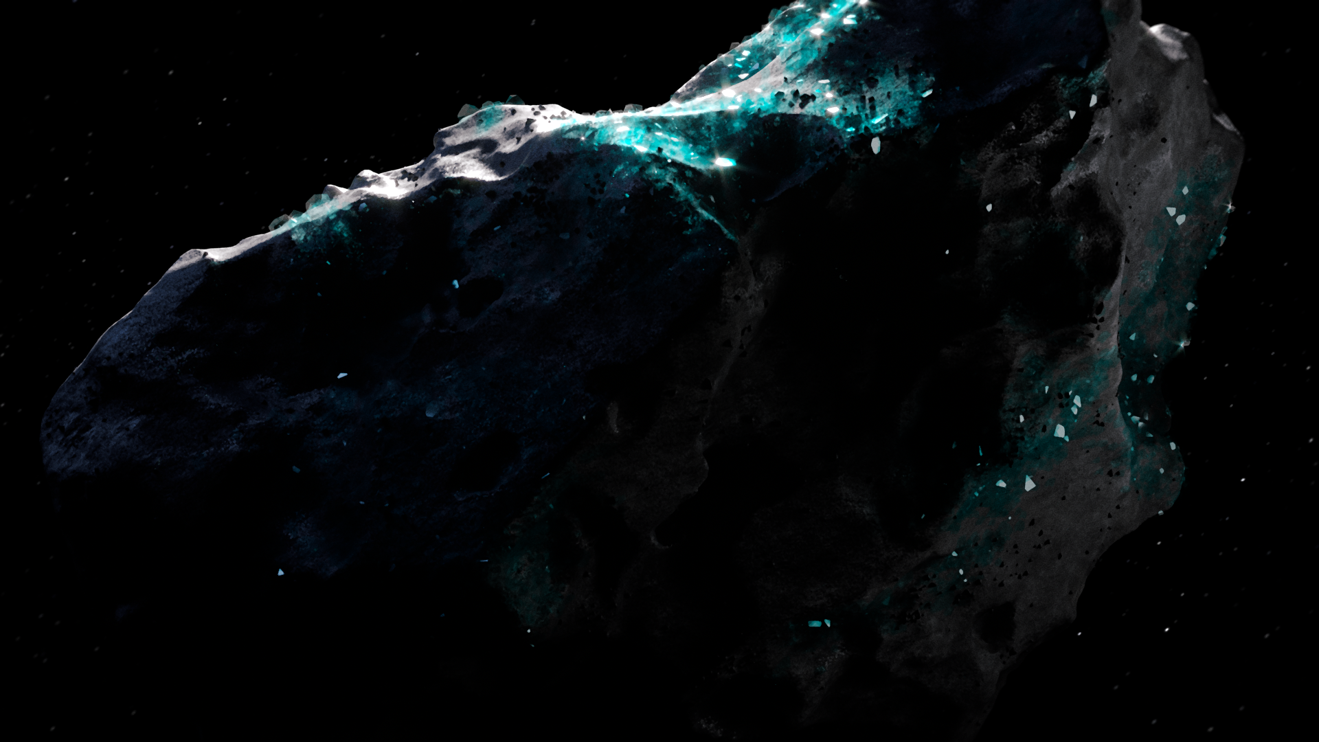 Copper crystal asteroid with glowing green crystals floating in deep space, concept art from Syntactic Labyrinths by Nadir Perazzo.