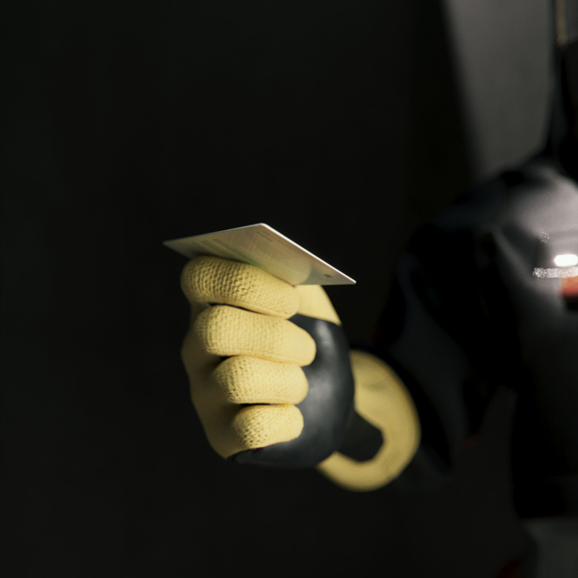 A black, red and yellow futuristic hazmat glove, from Ayla, holding an ID Card from the Settlement of Babylonia in a dark brutalist room in Syntactic Labyrinths.