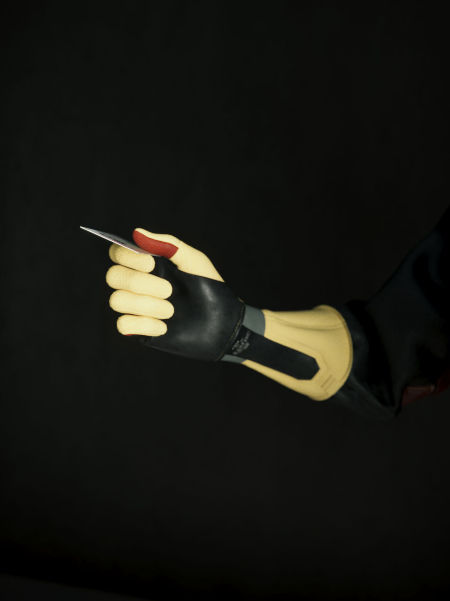 A black, red and yellow futuristic hazmat glove, from Ayla, holding an ID Card from the Settlement of Babylonia in a dark brutalist room in Syntactic Labyrinths.