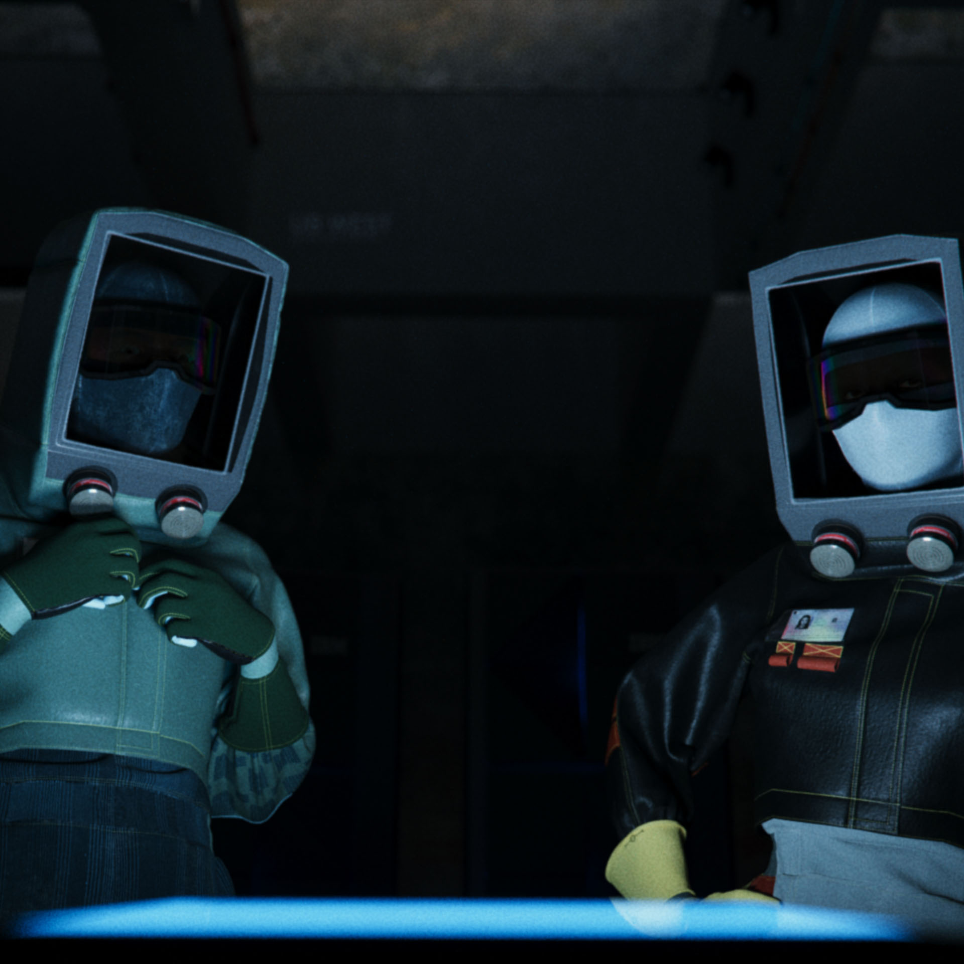 Two people in green and black hazmat suits, Daichi and Ayla, standing inside the brutalist Settlement of Babylonia looking at a blue digital screen, RECEIVER, illuminating them from the bottom.