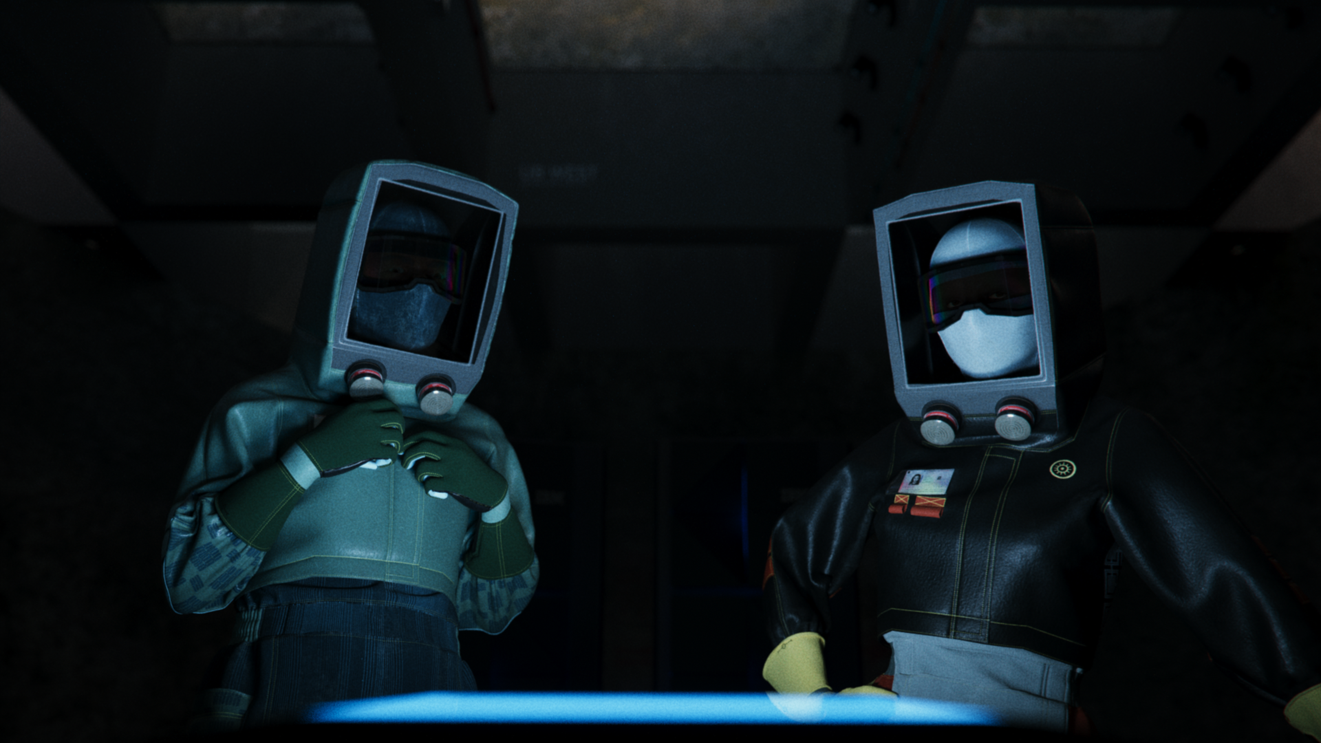 Two people in green and black hazmat suits, Daichi and Ayla, standing inside the brutalist Settlement of Babylonia looking at a blue digital screen, RECEIVER, illuminating them from the bottom.