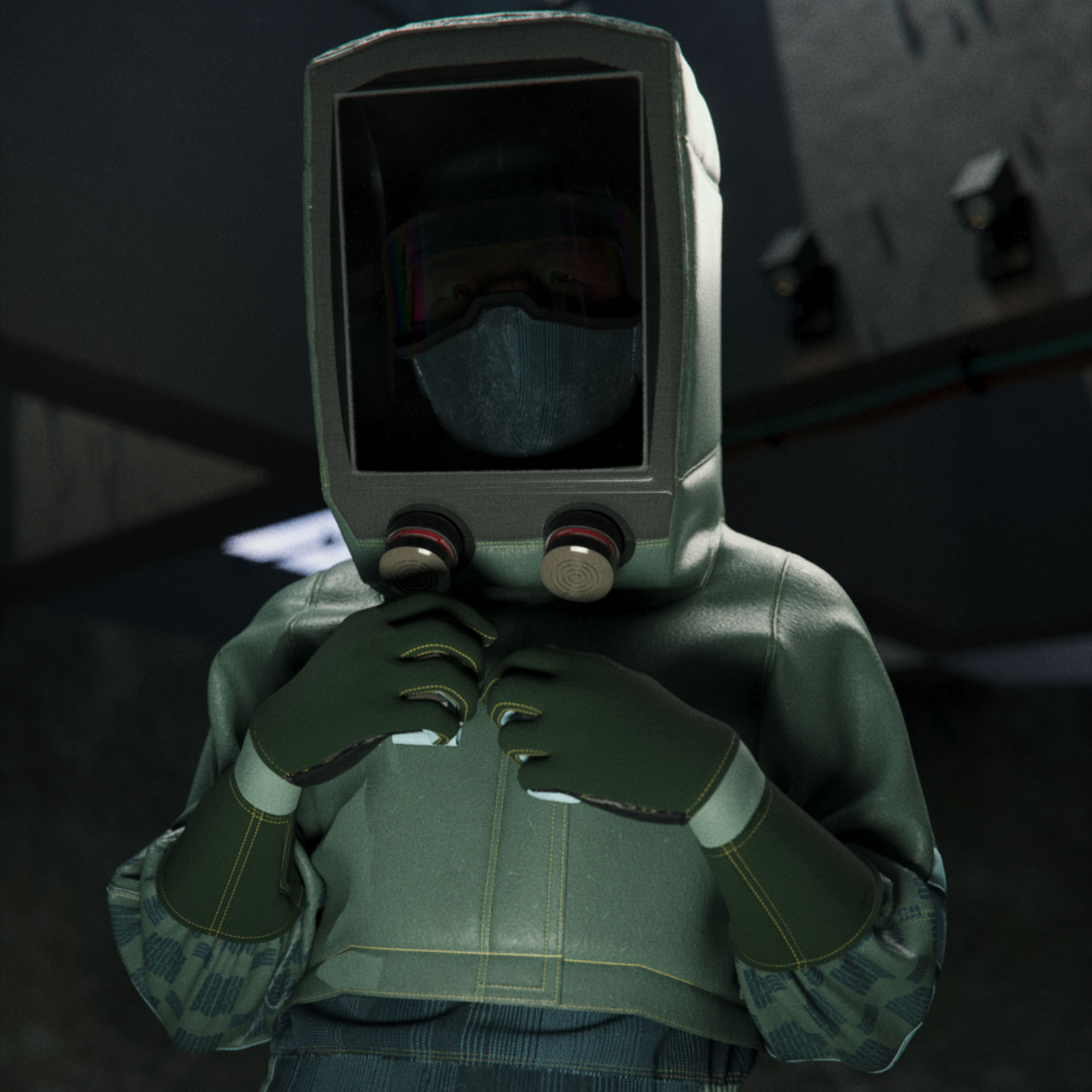 A man in a green hazmat suit, Daichi Kashiwagi, a key data scientist and creator of THINKER and RECEIVER, in the brutalist Settlement of Babylonia in Syntactic Labyrinths.