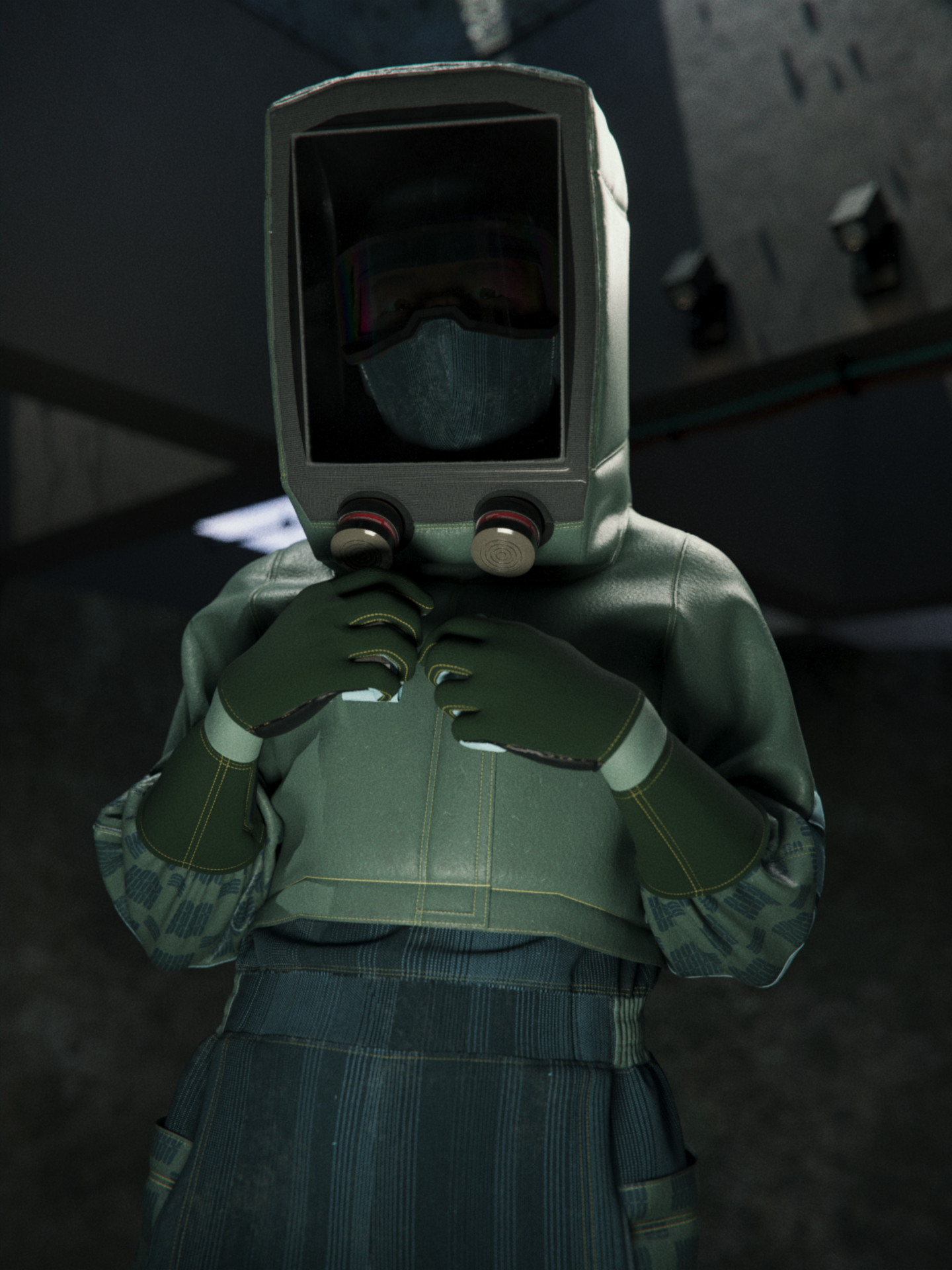 A man in a green hazmat suit, Daichi Kashiwagi, a key data scientist and creator of THINKER and RECEIVER, in the brutalist Settlement of Babylonia in Syntactic Labyrinths.