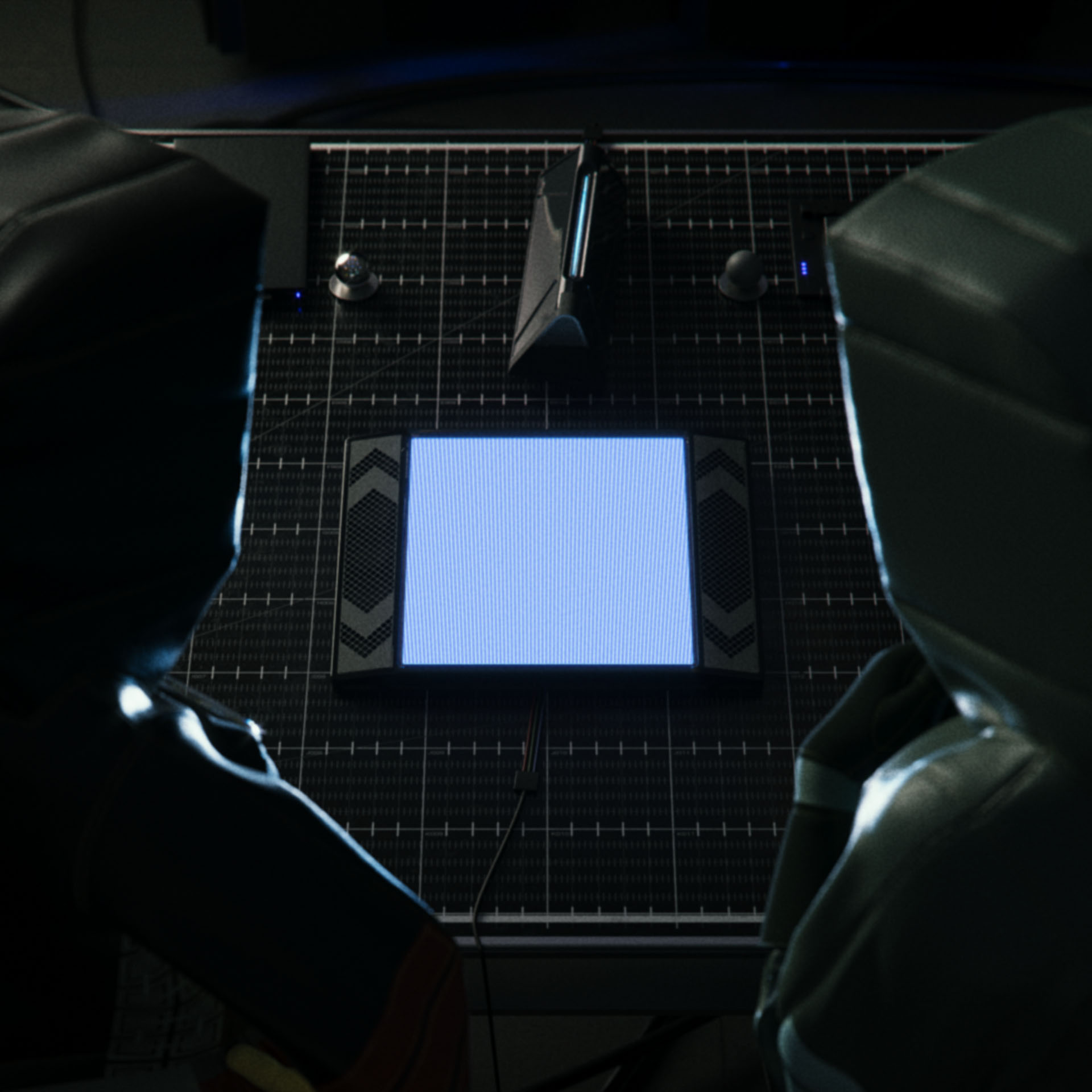 Two people in hazmat suits, Ayla and Daichi, standing by two supercomputer modules THINKER and RECEIVER on a scanning table in Syntactic Labyrinths.