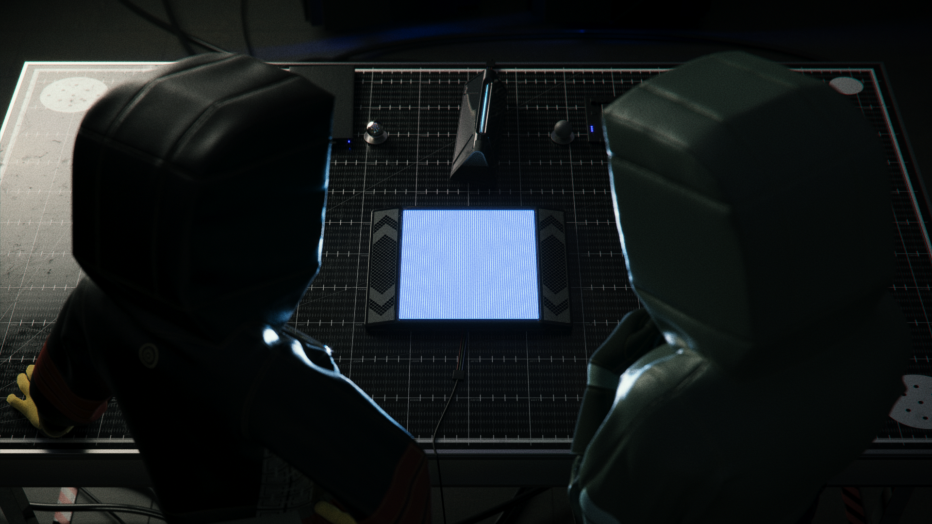 Two people in hazmat suits, Ayla and Daichi, standing by two supercomputer modules THINKER and RECEIVER on a scanning table in Syntactic Labyrinths.