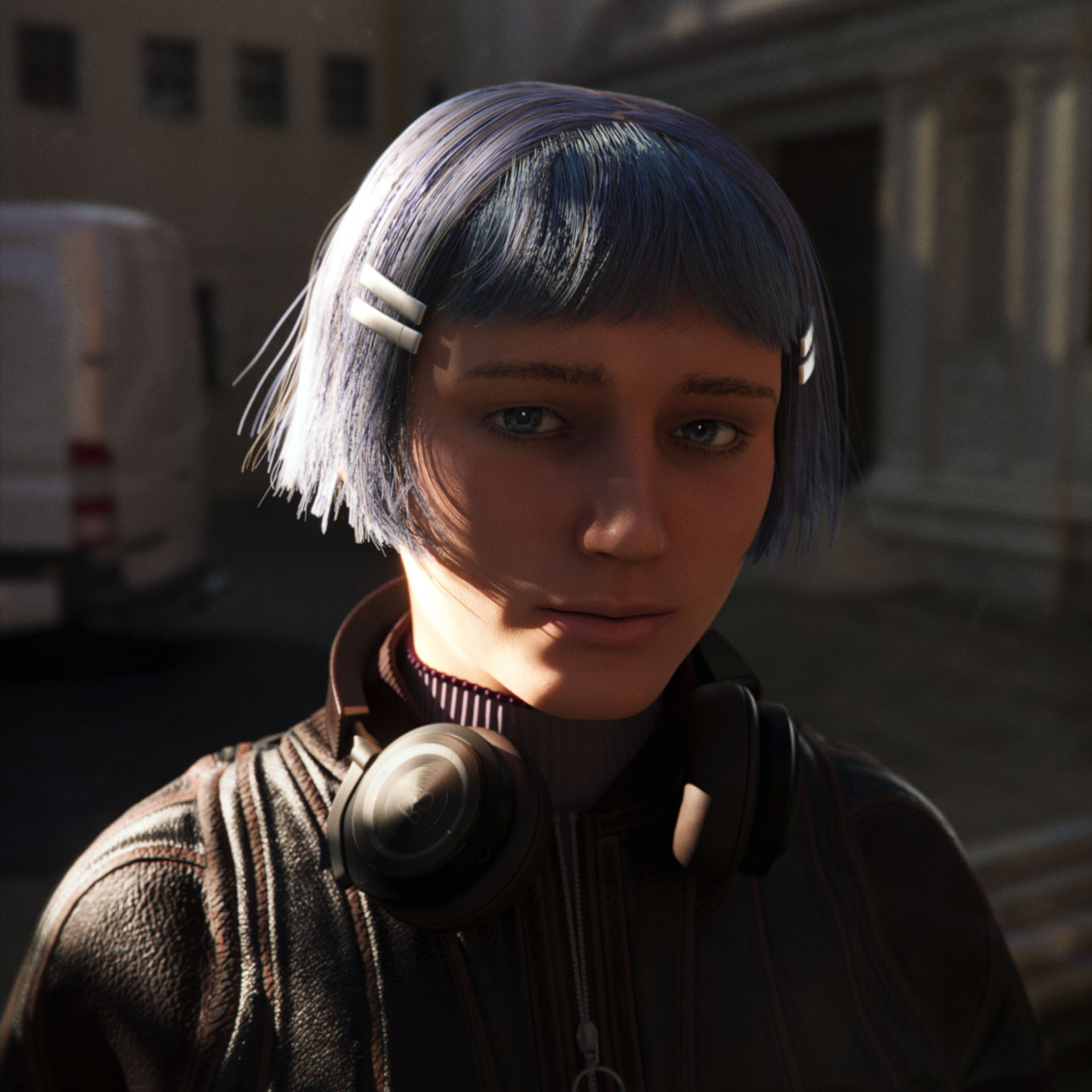 A blue and purple haired girl, Prisma Sweetspire, wearing a leather chocolate jacket standing in front of an open square in Europa in a render for Heist Club.