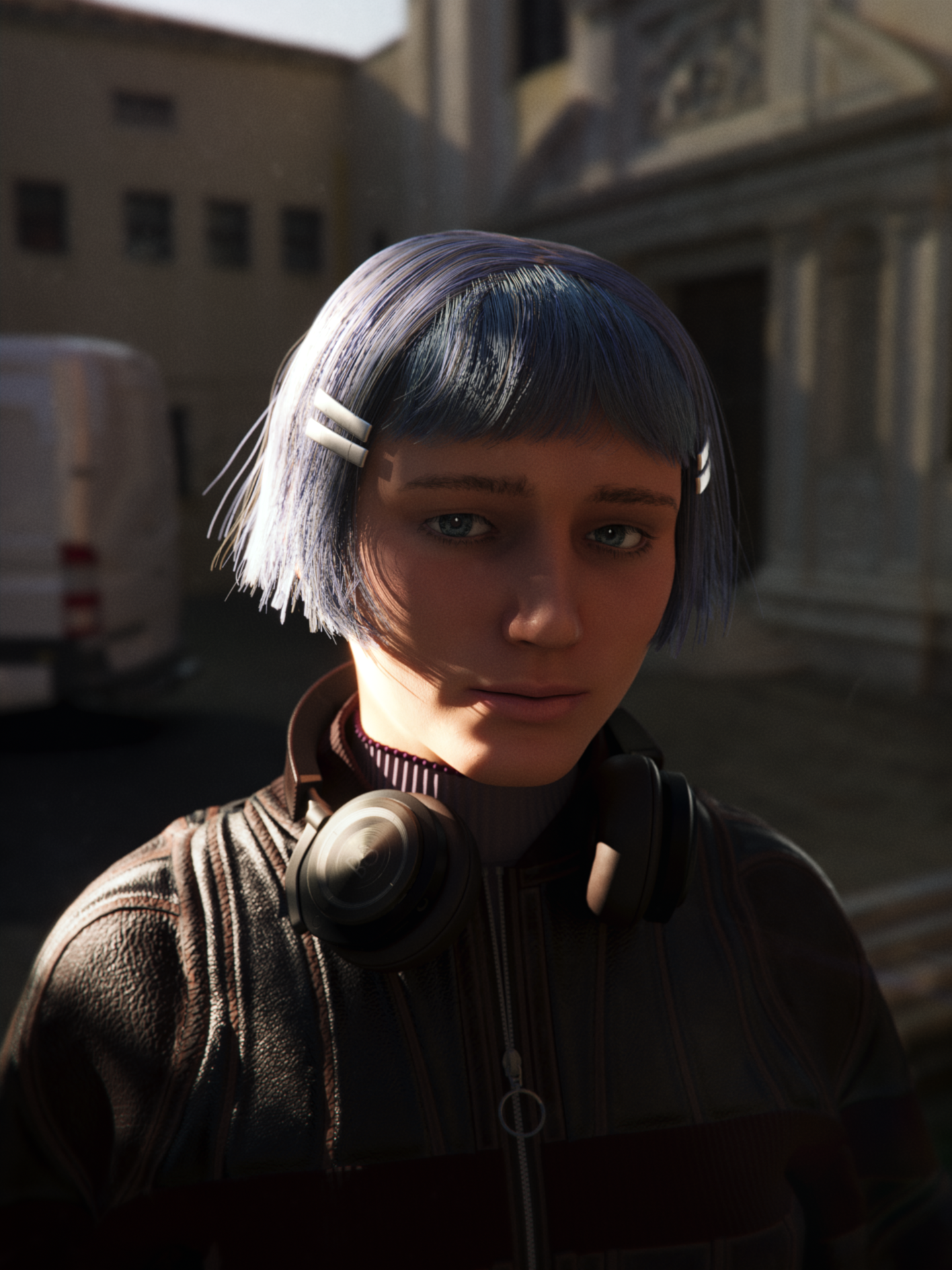 A blue and purple haired girl, Prisma Sweetspire, wearing a leather chocolate jacket standing in front of an open square in Europa in a render for Heist Club.