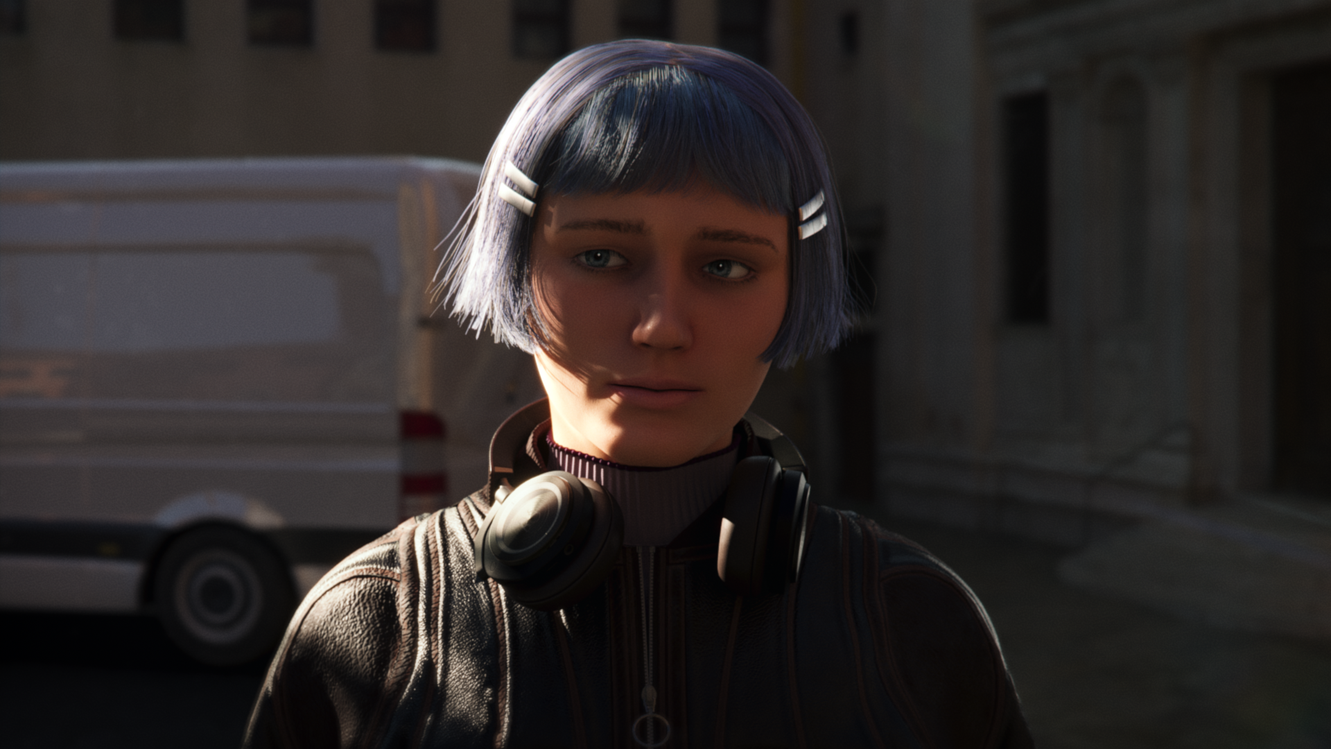 A blue and purple haired girl, Prisma Sweetspire, wearing a leather chocolate jacket standing in front of an open square in Europa in a render for Heist Club.