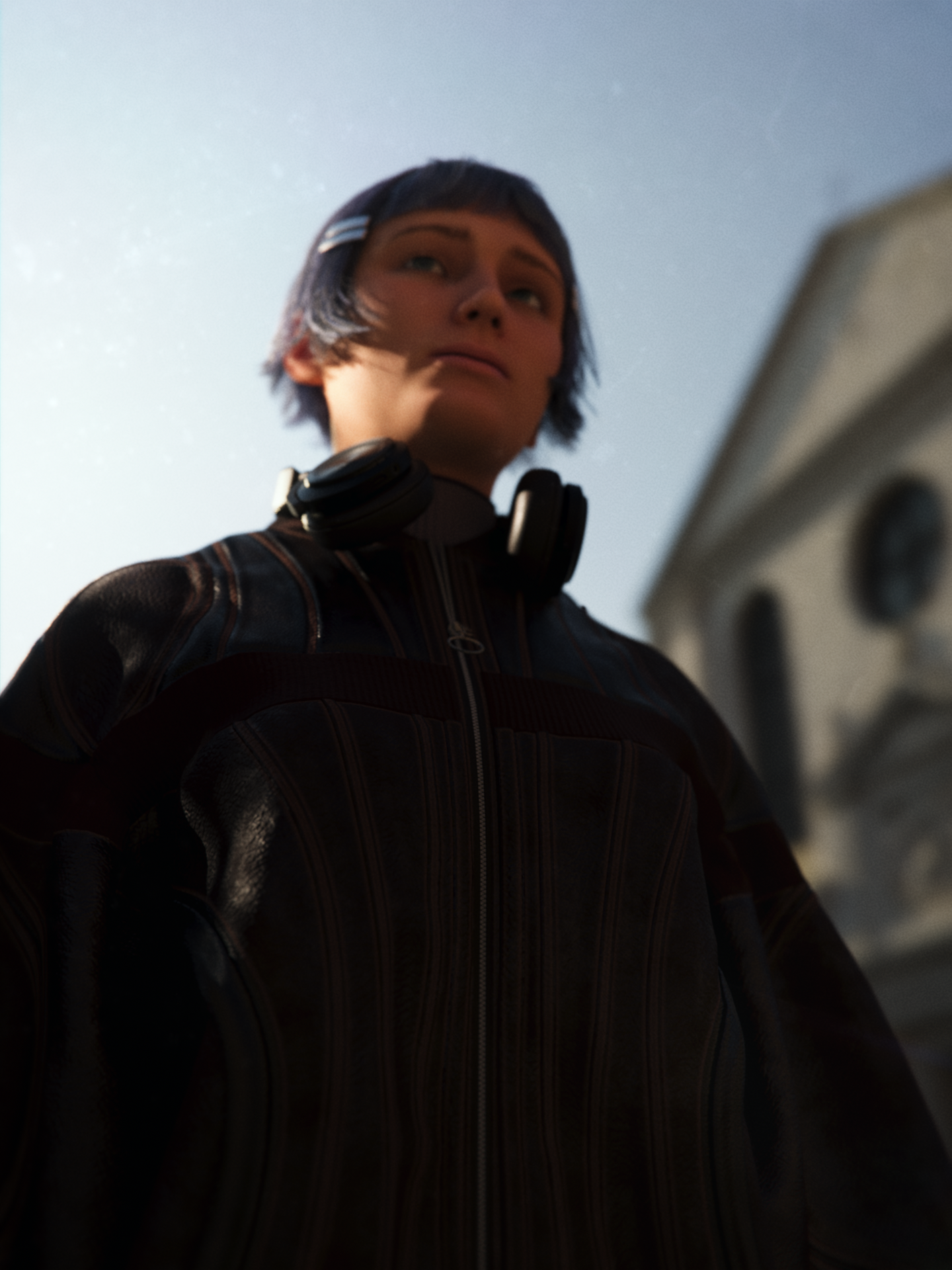 A blue and purple haired girl, Prisma Sweetspire, wearing a leather chocolate jacket standing in front of an open square in Europa in a render for Heist Club.