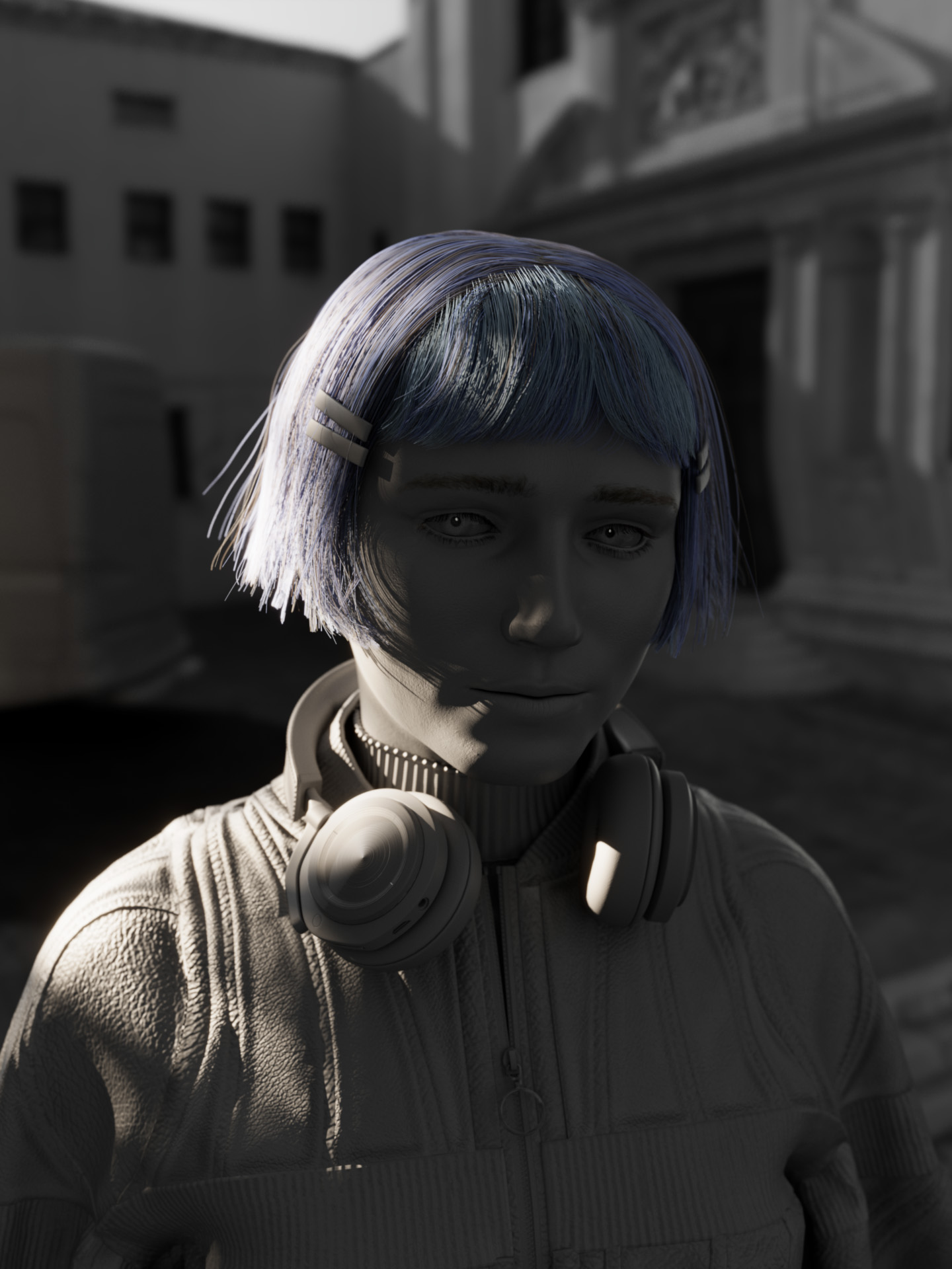 A clay render of a blue and purple haired girl, Prisma Sweetspire, wearing a leather chocolate jacket standing in front of an open square in Europa in a render for Heist Club.
