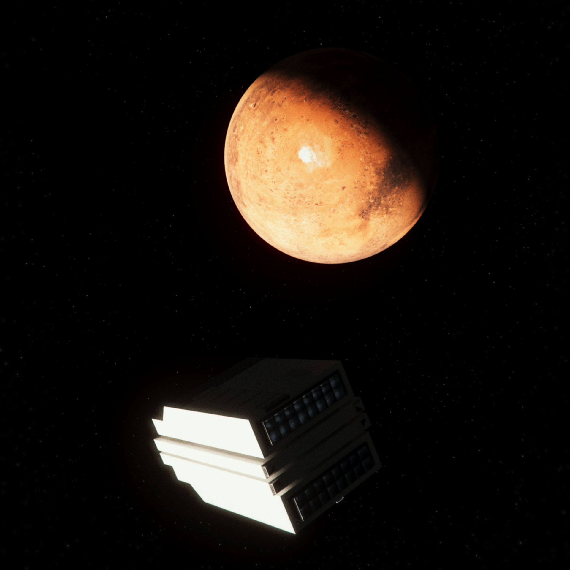 A brutalist white spaceship, the Library, floating through outer space and passing planet Mars with sunlight hitting both strongly against a starry background in Syntactic Labyrinths.