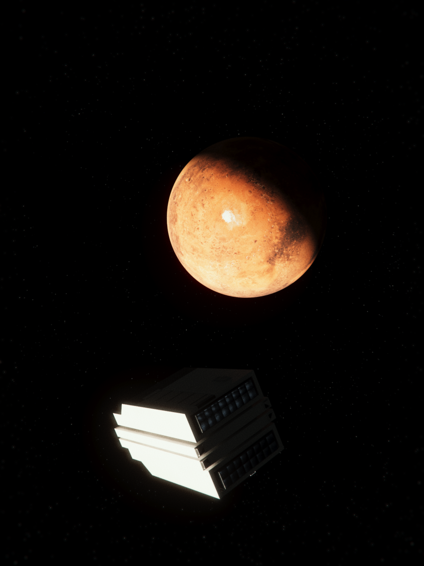 A brutalist white spaceship, the Library, floating through outer space and passing planet Mars with sunlight hitting both strongly against a starry background in Syntactic Labyrinths.