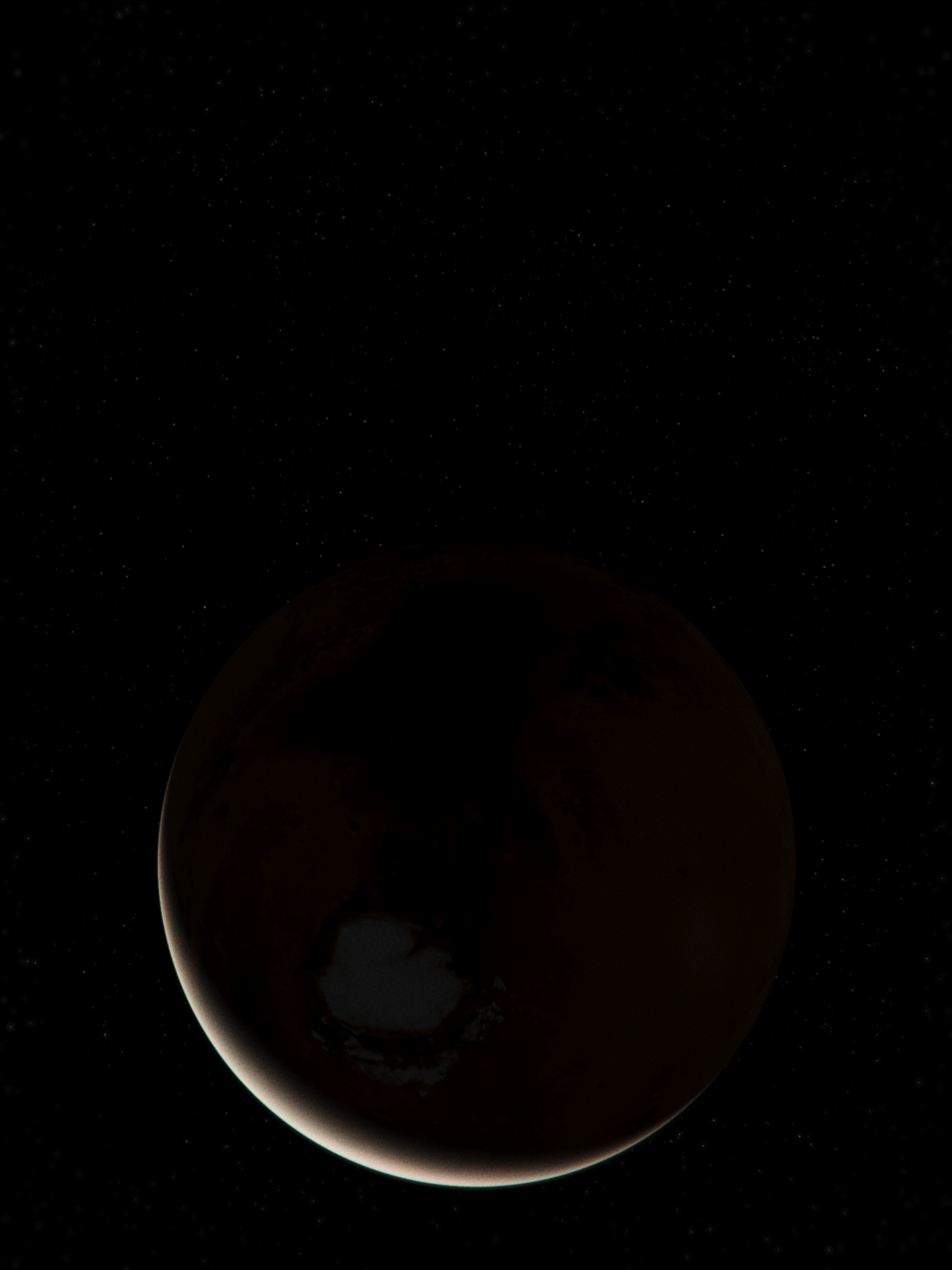 A dark backlit Mars against the starry background of outer space with subtle details from the dark side of the planet visible in Syntactic Labyrinths.
