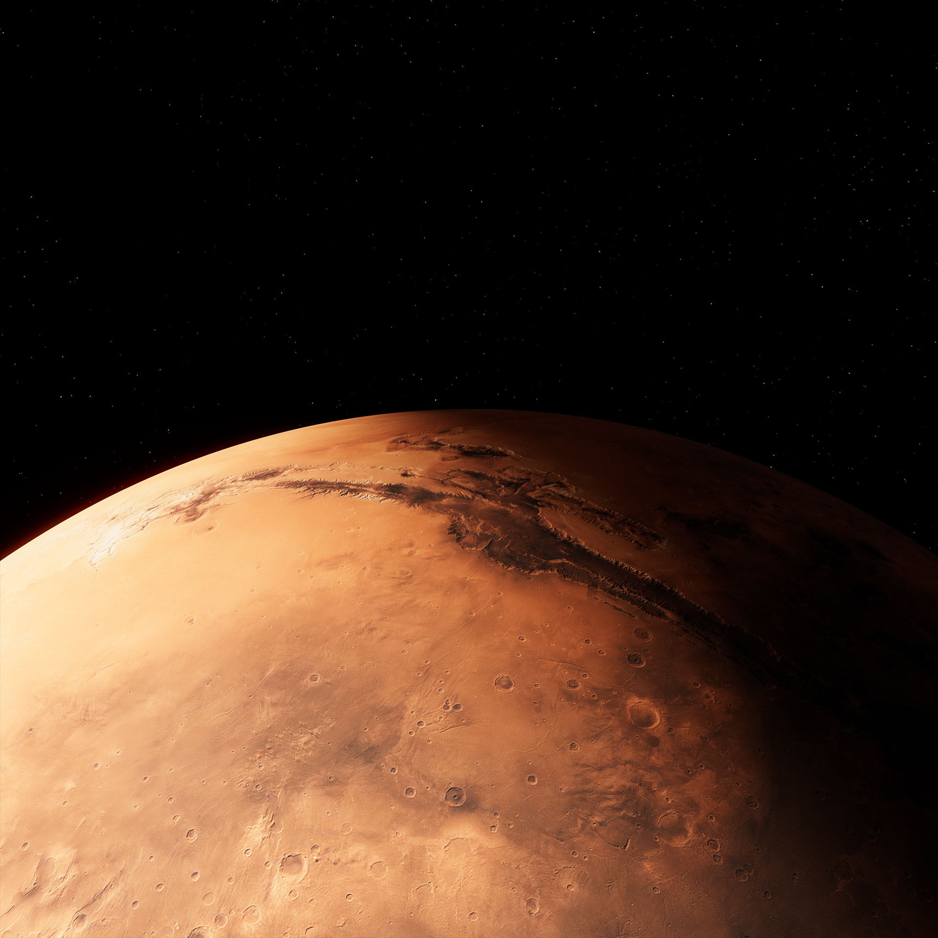 The surface of Planet Mars against outer space. The craters and smooth surface of mars stands in contrast to the stars above it. Part of a series of planetary art, wallpapers and prints for Syntactic Labyrinths.