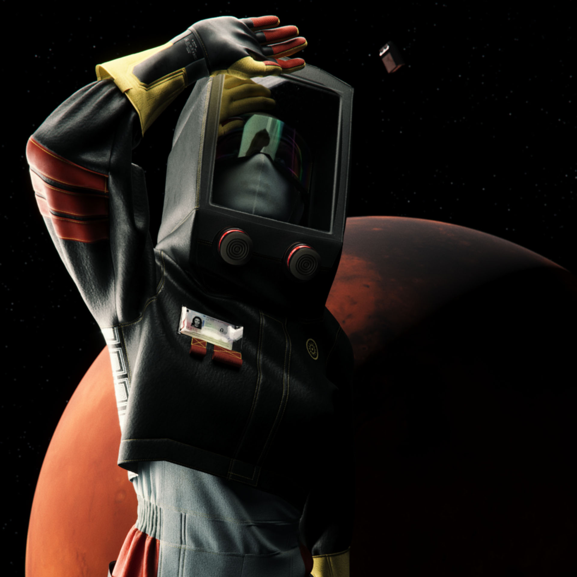 A woman in black hazmat suit, Ayla Erdoğan, is shielding her face from the sunlight. Overlaid on top of Mars in outer space with a brutalist spaceship, the Library, floating past in Syntactic Labyrinths.