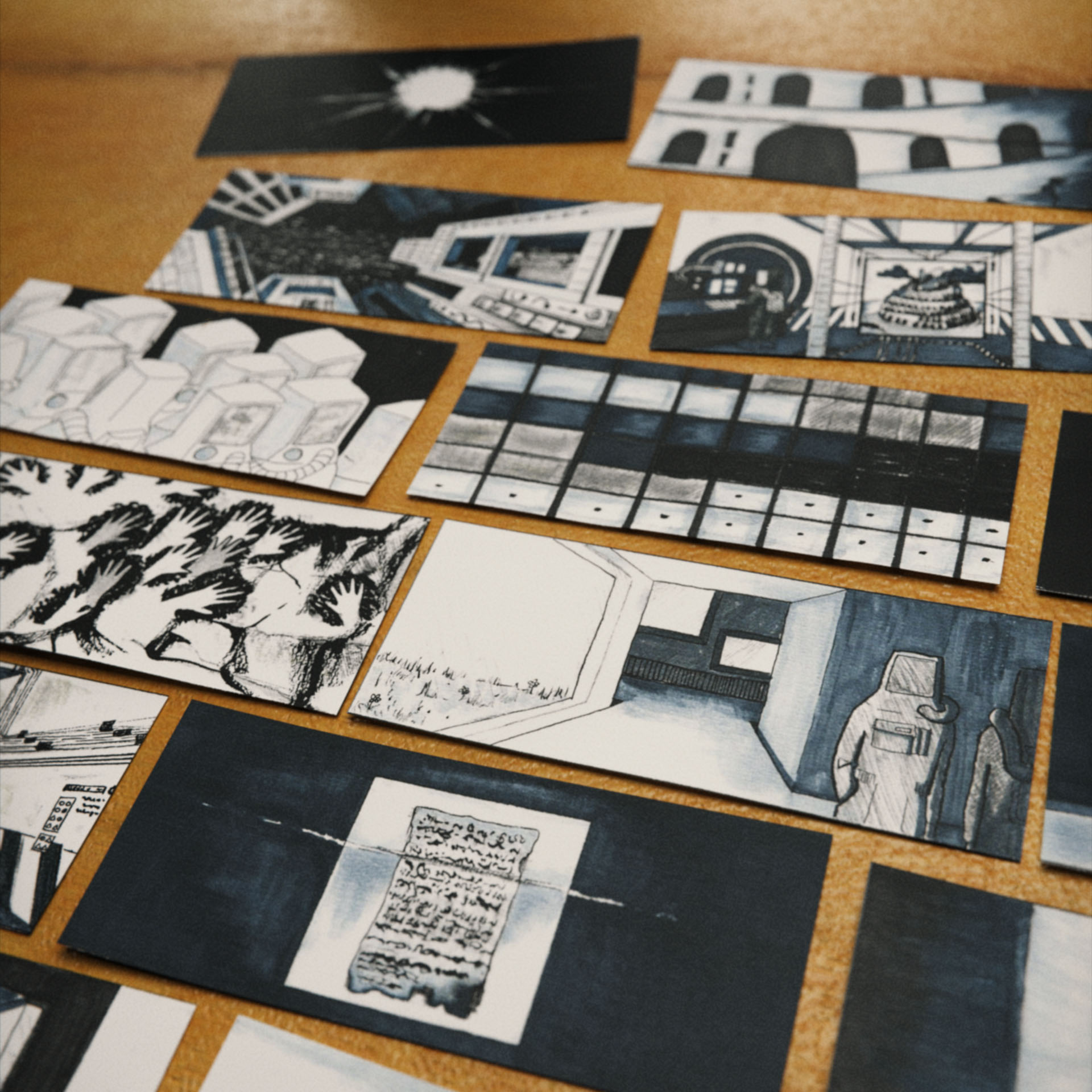 A collection of hand-drawn and painted storyboards from the 3D-animated sci-fi short film Syntactic Labyrinths, on a wooden table, showcasing scenes from the Settlement of Babylonia.