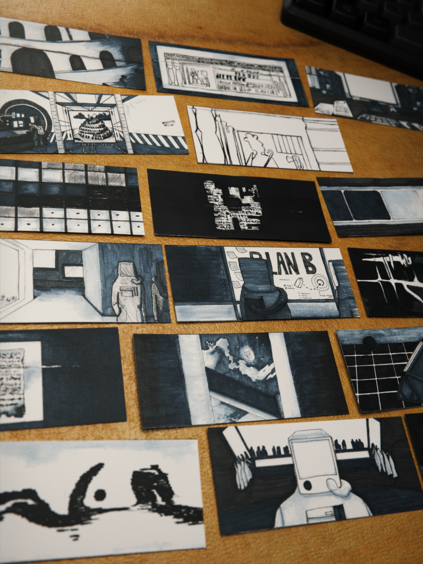 A collection of hand-drawn and painted storyboards from the 3D-animated sci-fi short film Syntactic Labyrinths, on a wooden table, showcasing scenes from the Settlement of Babylonia.