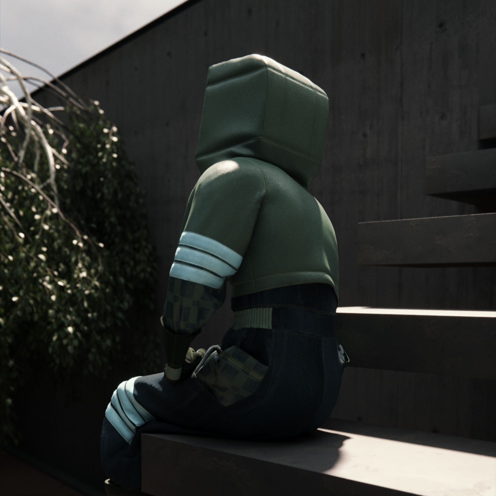 A man in a green hazmat suit, Daichi Kashiwagi, sitting and contemplating on brutalist steps in the Settlement of Babylonia in Syntactic Labyrinths.