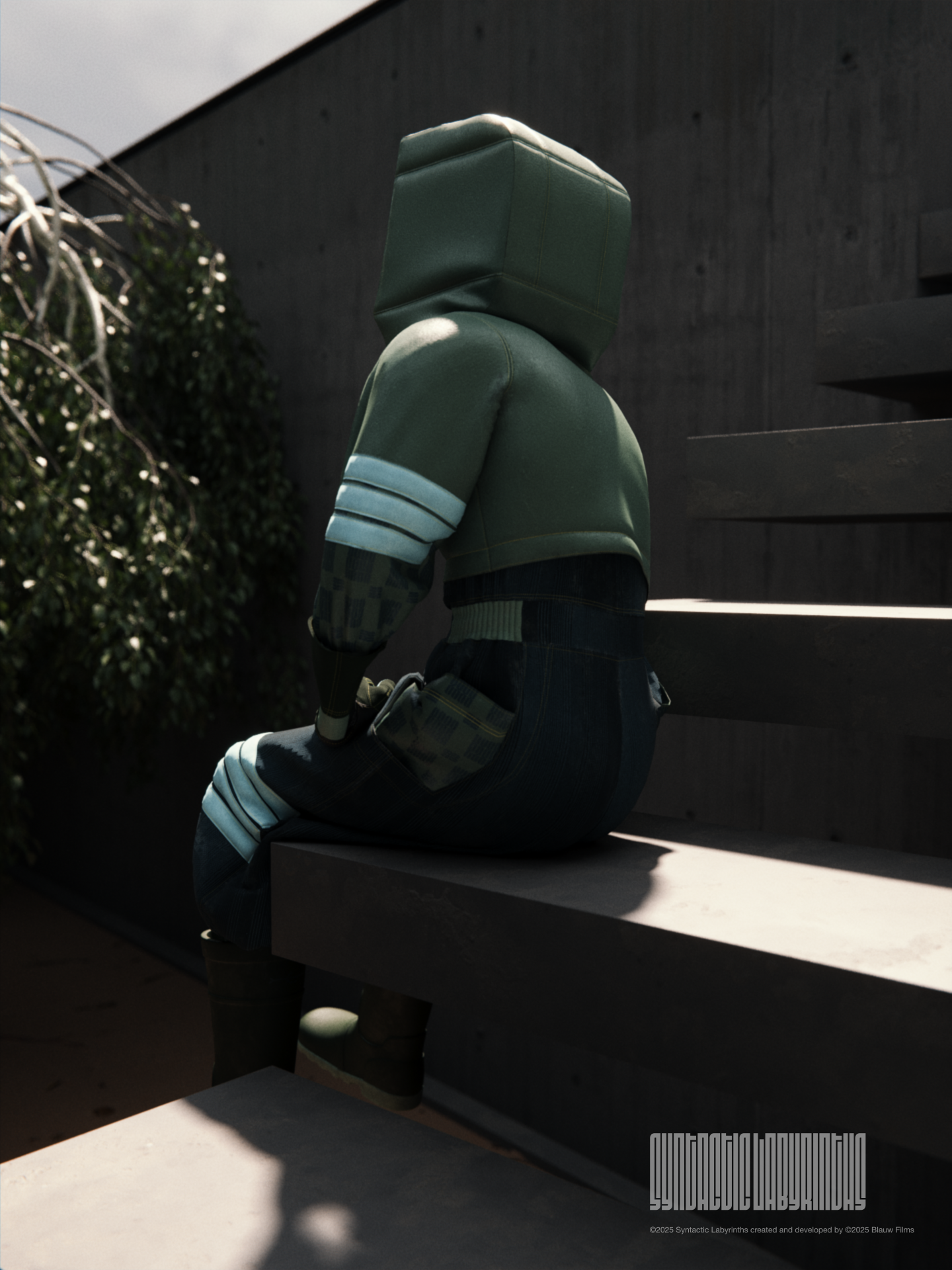 A man in a green hazmat suit, Daichi Kashiwagi, sitting and contemplating on brutalist steps in the Settlement of Babylonia in Syntactic Labyrinths.
