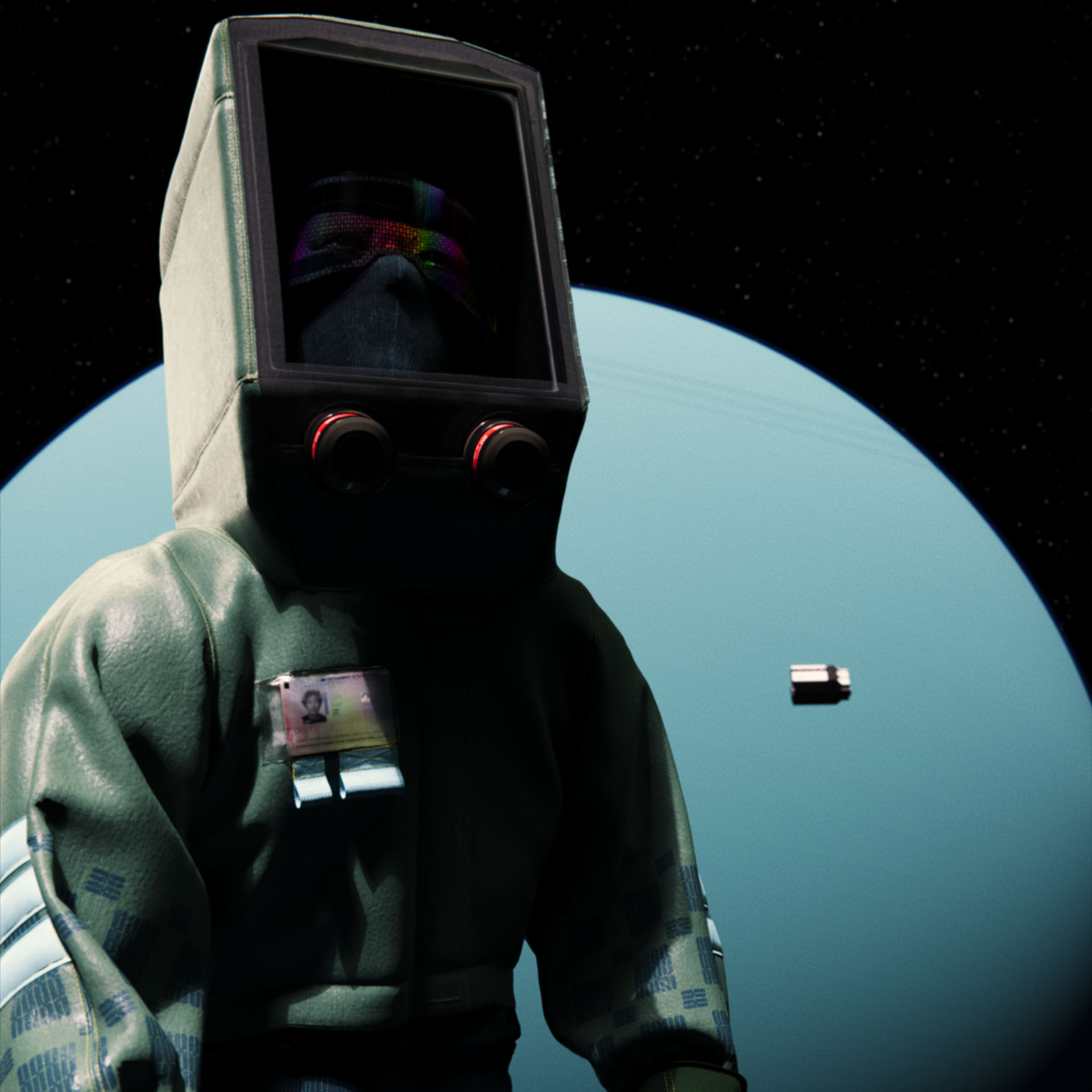 A man in a green hazmat suit, Daichi Kashiwagi, looking contemplatively up into the sky. Overlaid on top of planet Uranus in outer space, with a brutalist spaceship flying past, the Library, in Syntactic Labyrinths.