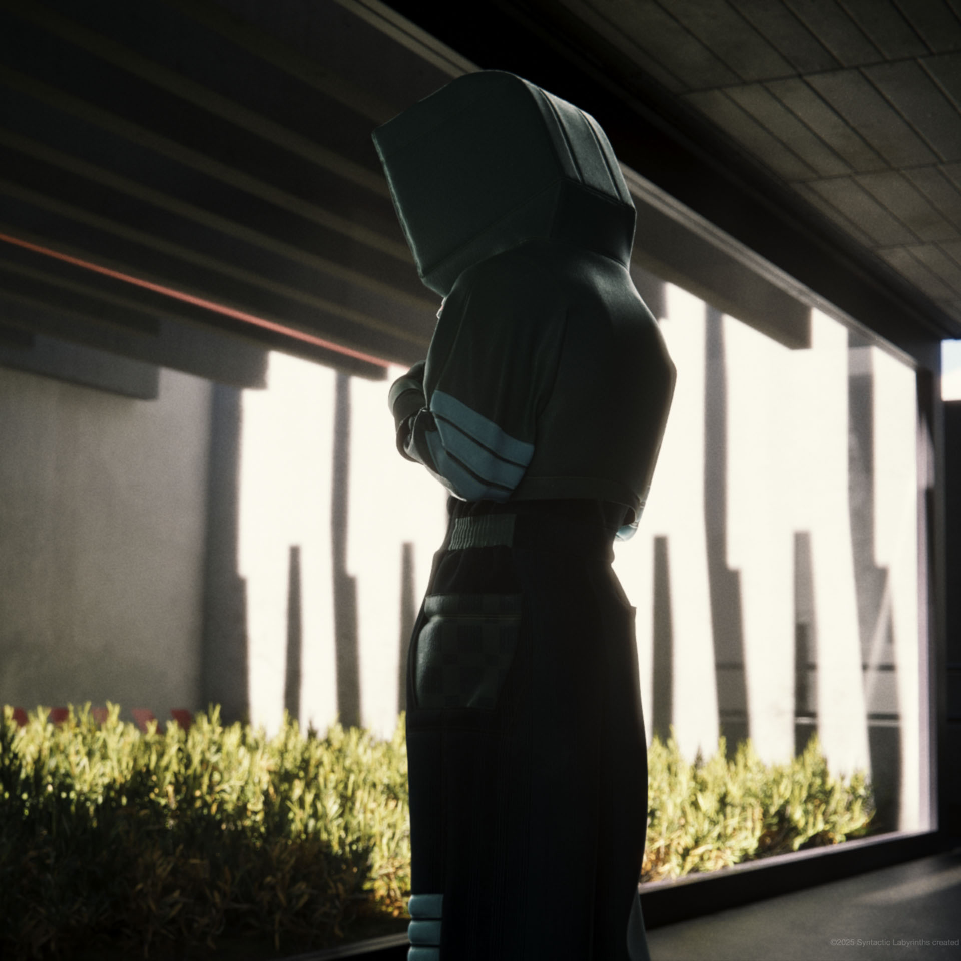 A man in hazmat suit, Daichi Kashiwagi, standing in a dark brutalist hallway facing a glass wall leading to a brightly sunlit greenhouse inside the Settlement of Babylonia in Syntactic Labyrinths.
