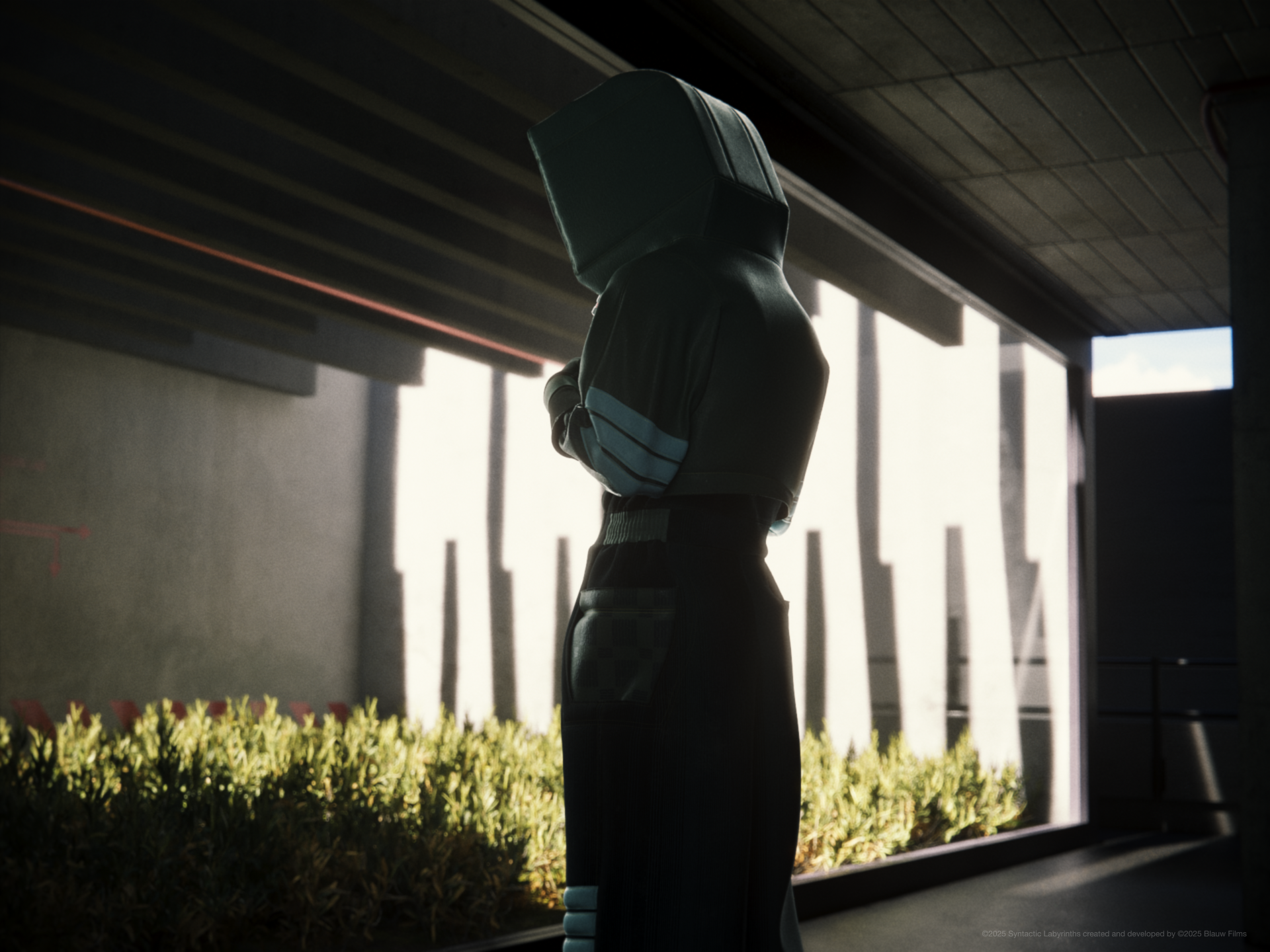 A man in hazmat suit, Daichi Kashiwagi, standing in a dark brutalist hallway facing a glass wall leading to a brightly sunlit greenhouse inside the Settlement of Babylonia in Syntactic Labyrinths.