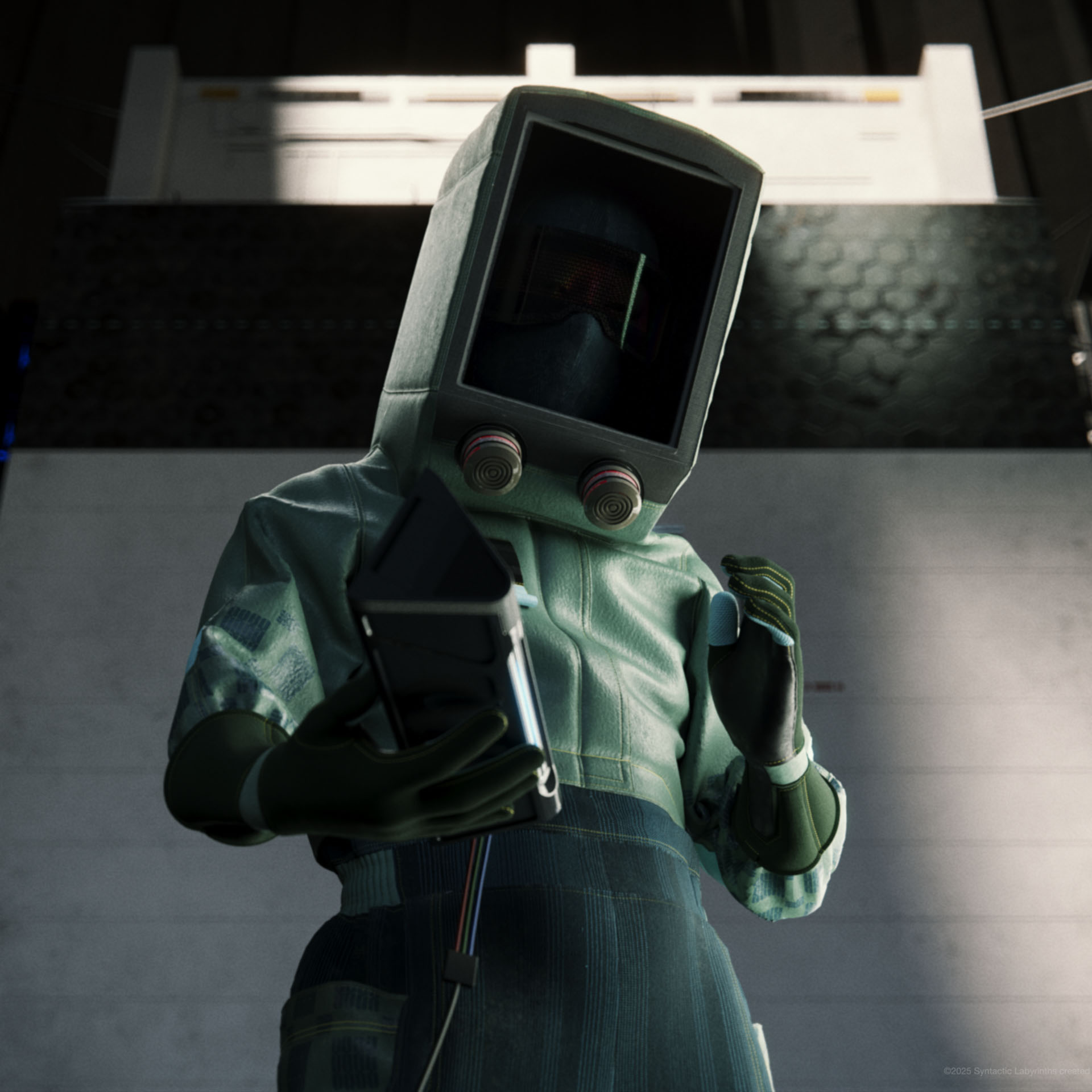 A hazmat suit wearing man, Daichi Kashiwagi, holding a futuristic black computer module, THINKER, in Syntactic Labyrinths. He is standing in front of a brutalist spaceship, the Library, in a dimly lit room.