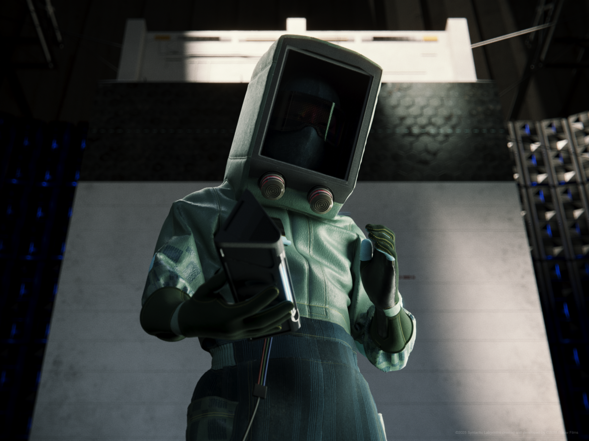 A hazmat suit wearing man, Daichi Kashiwagi, holding a futuristic black computer module, THINKER, in Syntactic Labyrinths. He is standing in front of a brutalist spaceship, the Library, in a dimly lit room.