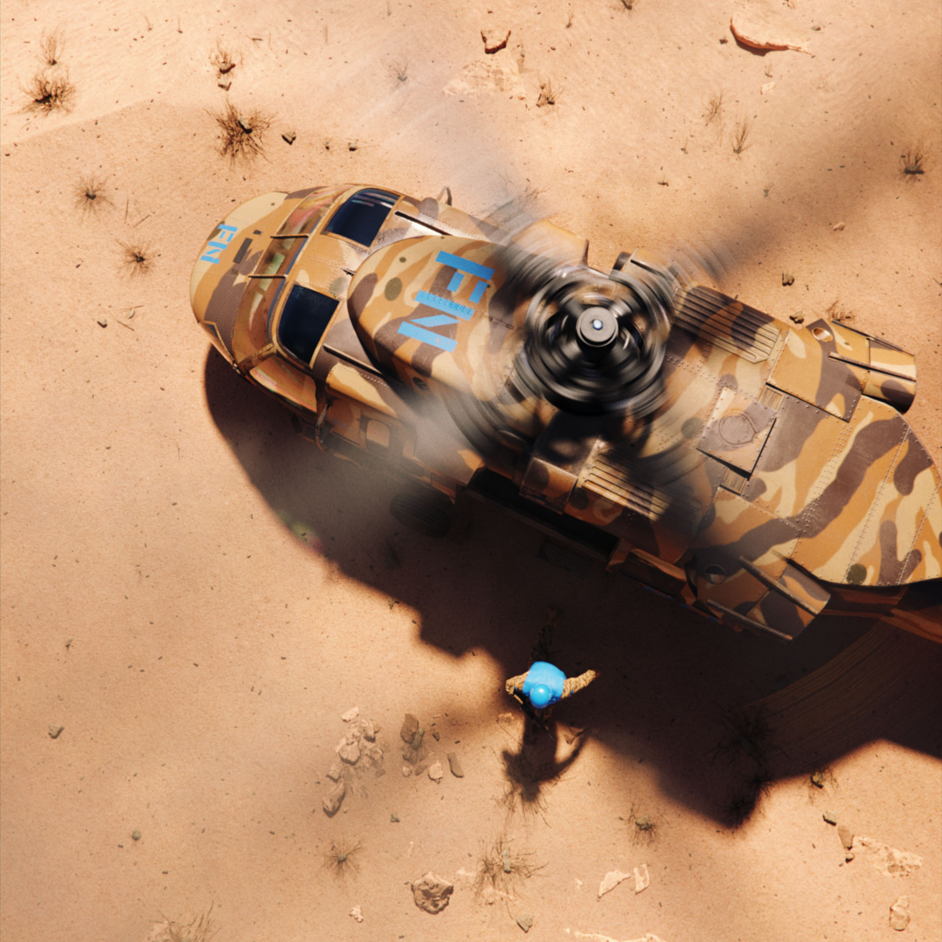 A top down aerial shot of a Sand Root camo Blackhawk military helicopter landing on desert dunes in Operation: Deli Platter. A soldier from the FNPF wearing a blue helmet is stepping out of the helicopter.